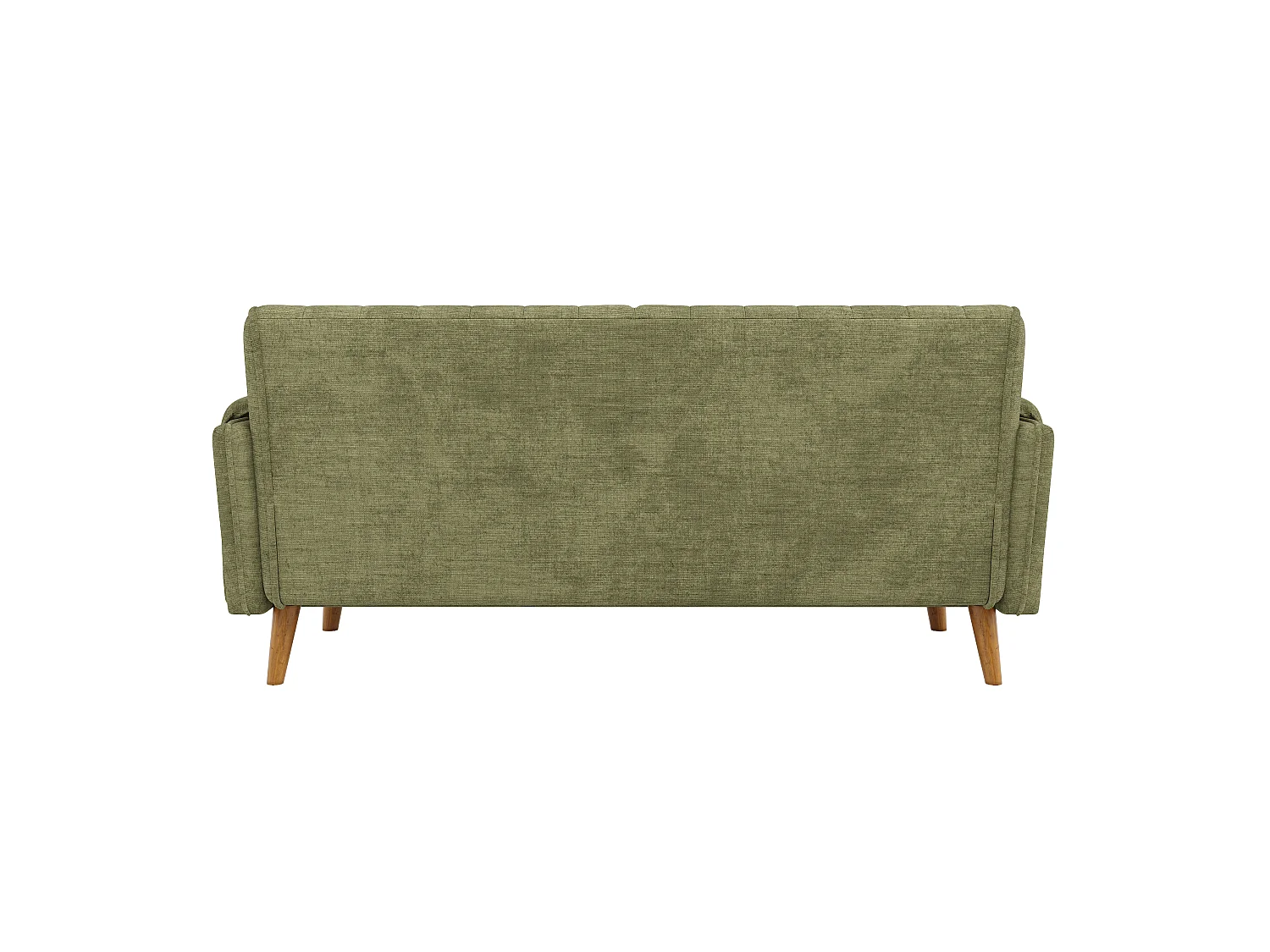 Canapé 2 places vert en tissu chenille, dossier capitonné et poches latérales pour petit salon