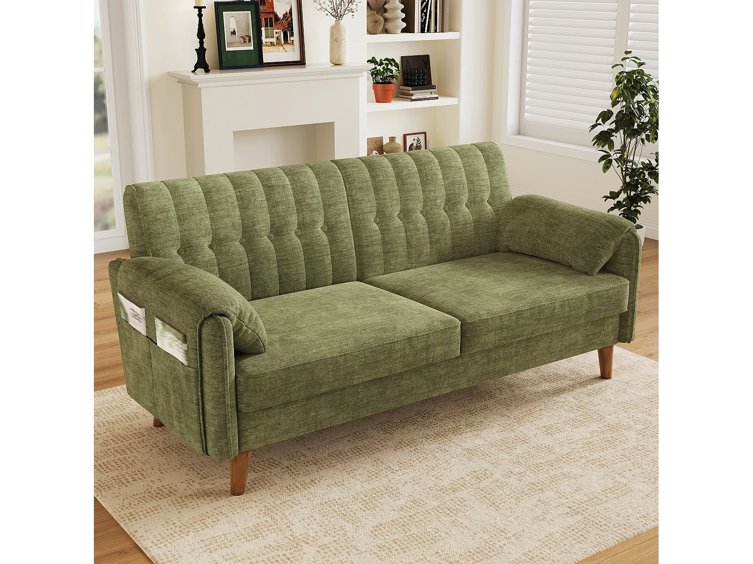 Canapé 2 places vert en tissu chenille, dossier capitonné et poches latérales pour petit salon