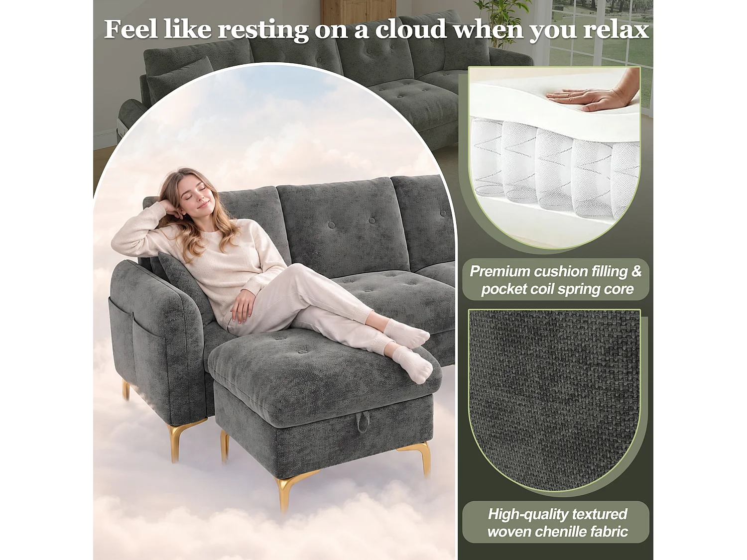 Canapé modulable 4 places en chenille grise, en L ou en U avec 2 poufs de rangement pour salon