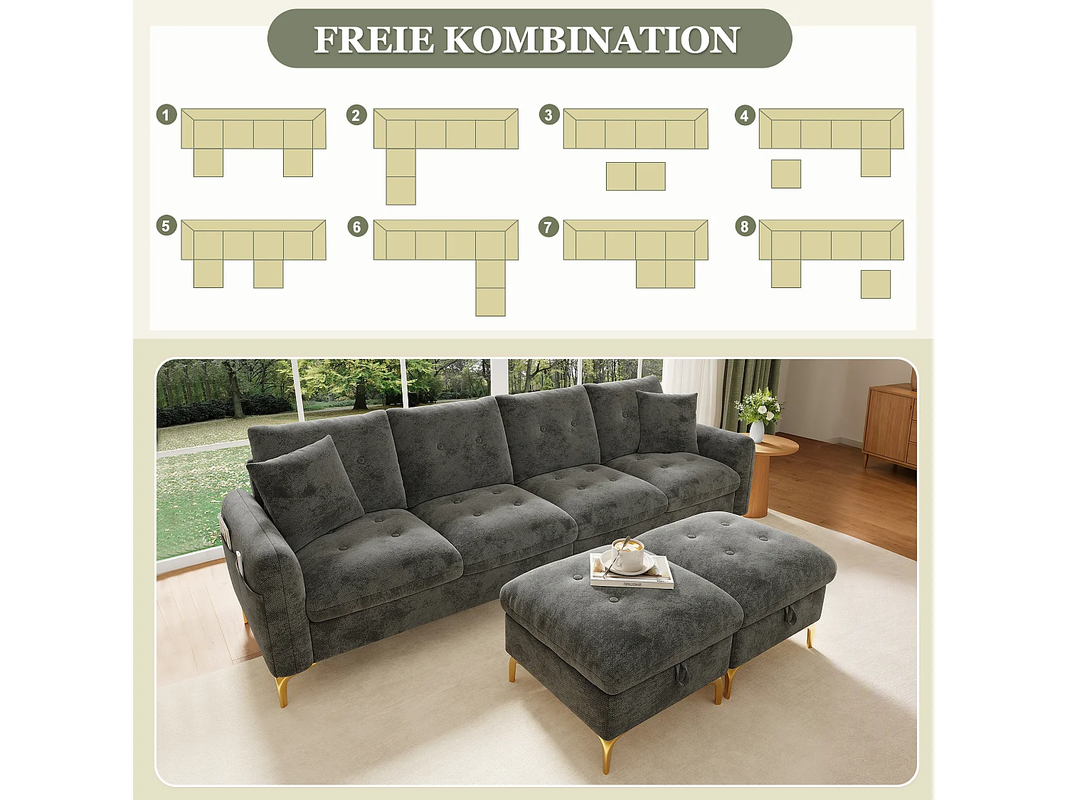 Canapé modulable 4 places en chenille grise, en L ou en U avec 2 poufs de rangement pour salon