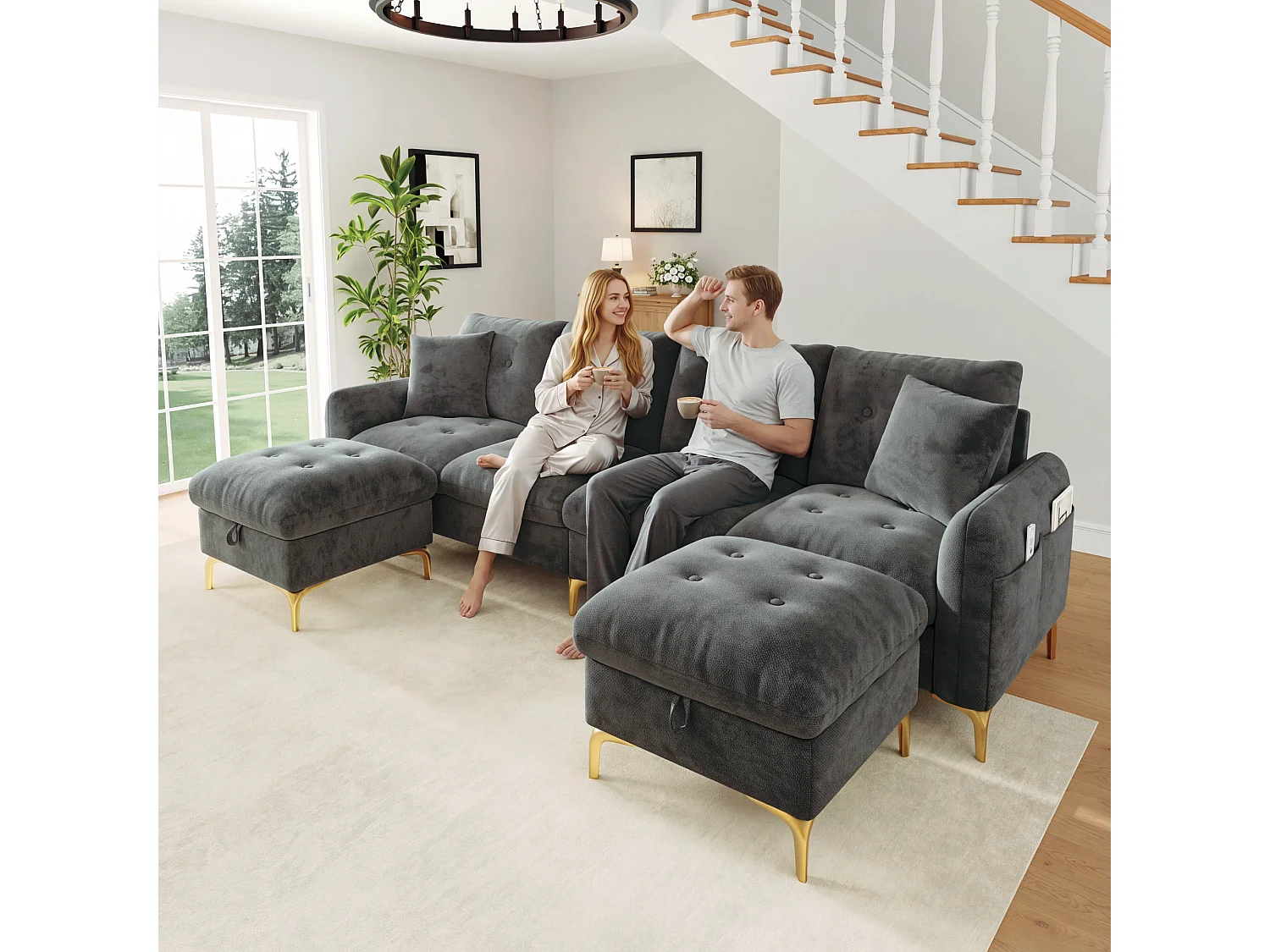 Canapé modulable 4 places en chenille grise, en L ou en U avec 2 poufs de rangement pour salon