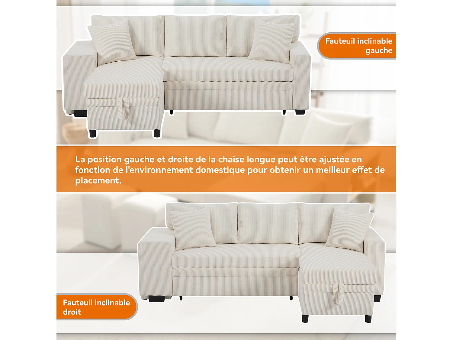 Canapé convertible 3 places d'angle réversible en velours côtelé beige, rangement et ports USB et Type-C pour salon