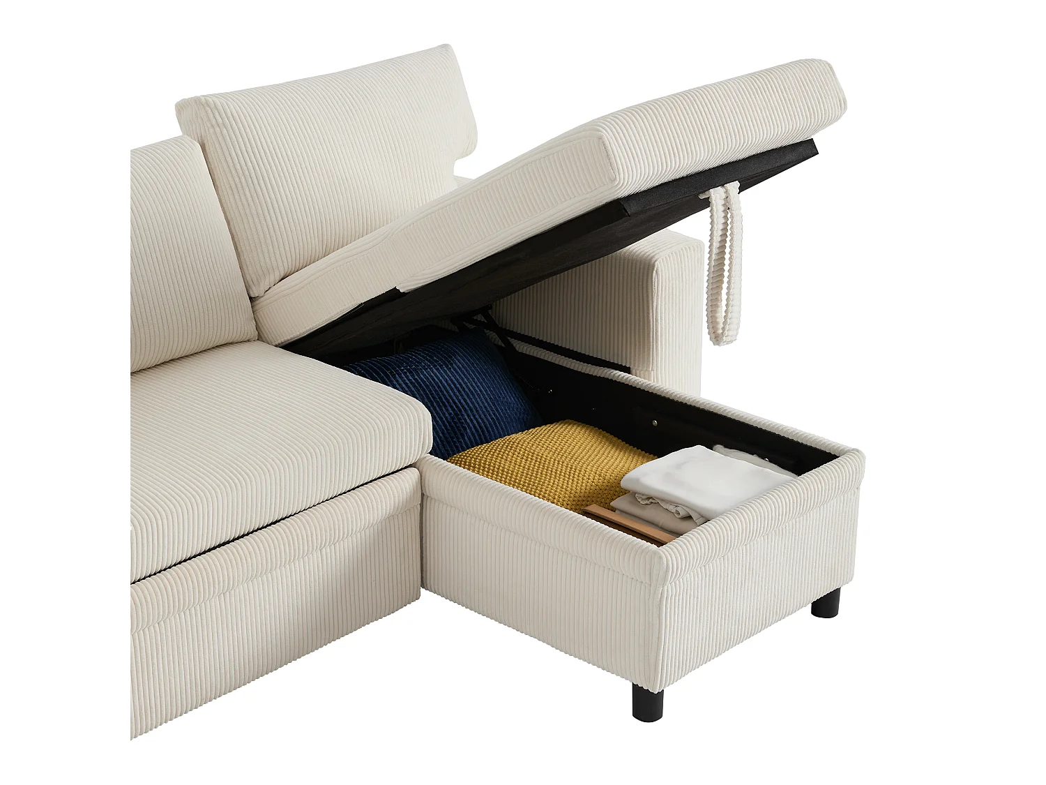 Canapé convertible 3 places d'angle réversible en velours côtelé beige, rangement et ports USB et Type-C pour salon