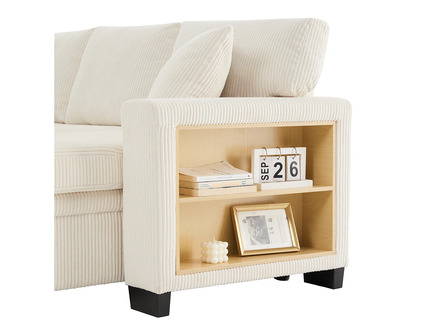 Canapé convertible 3 places d'angle réversible en velours côtelé beige, rangement et ports USB et Type-C pour salon