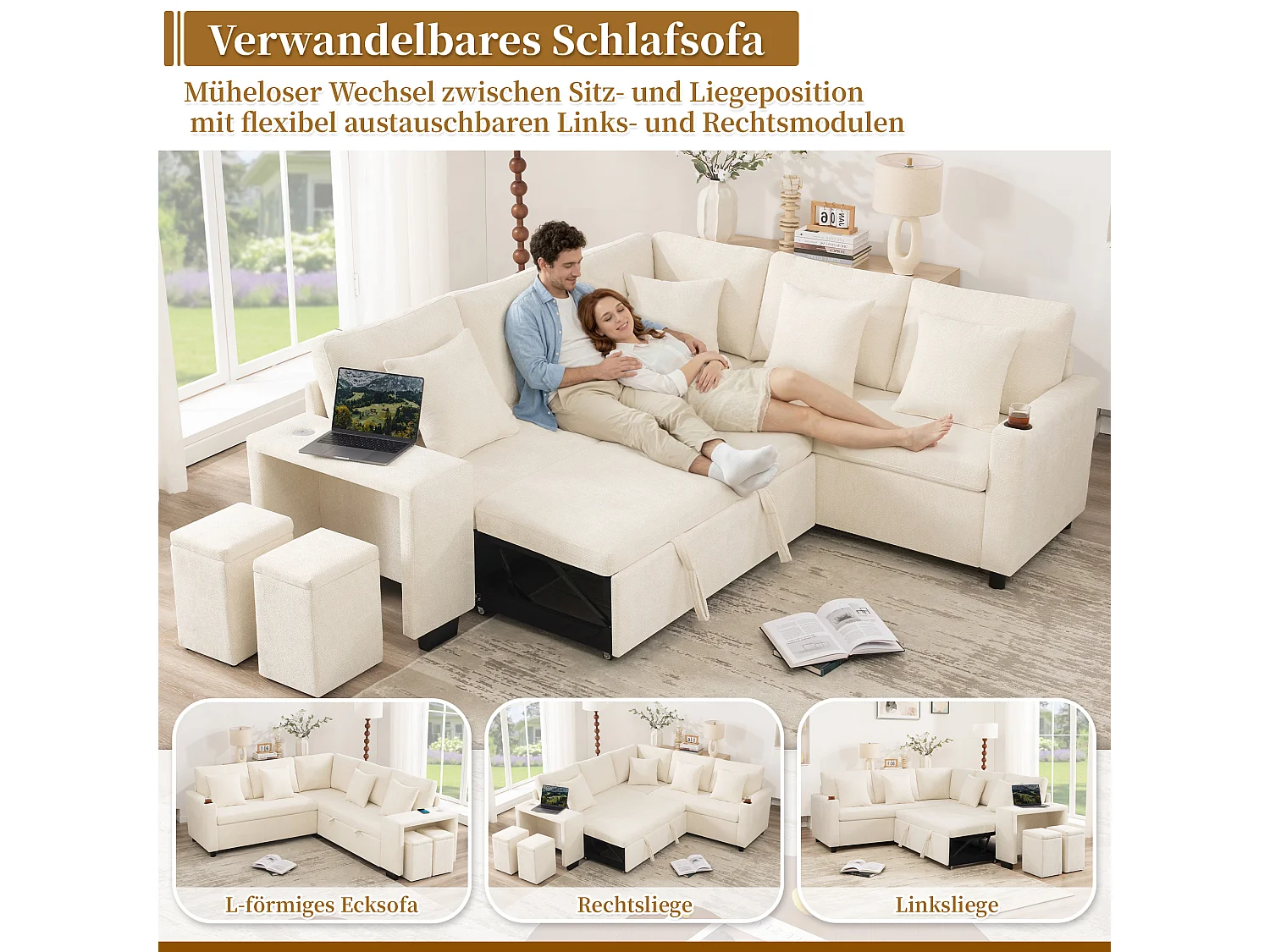 Canapé d’angle convertible beige avec rangement, méridienne réversible et prises USB