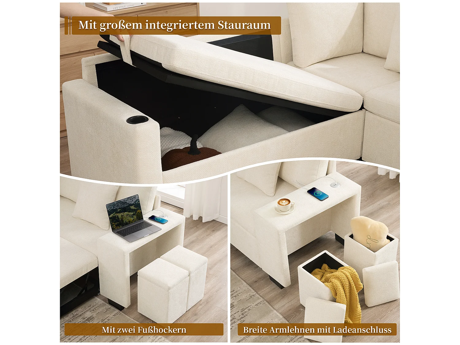 Canapé d’angle convertible beige avec rangement, méridienne réversible et prises USB