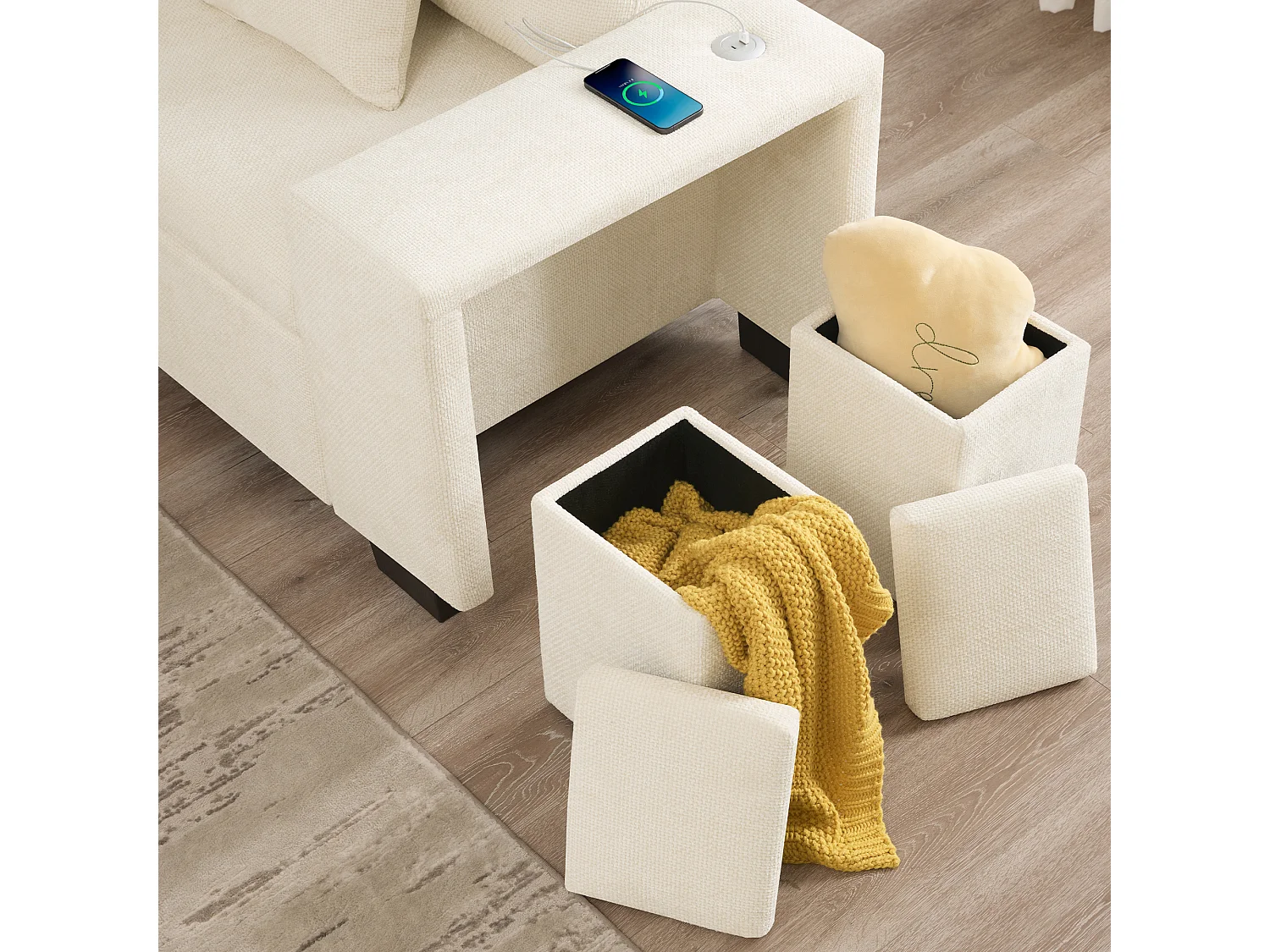 Canapé d’angle convertible beige avec rangement, méridienne réversible et prises USB