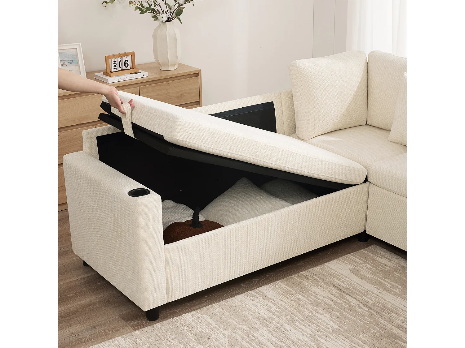 Canapé d’angle convertible beige avec rangement, méridienne réversible et prises USB