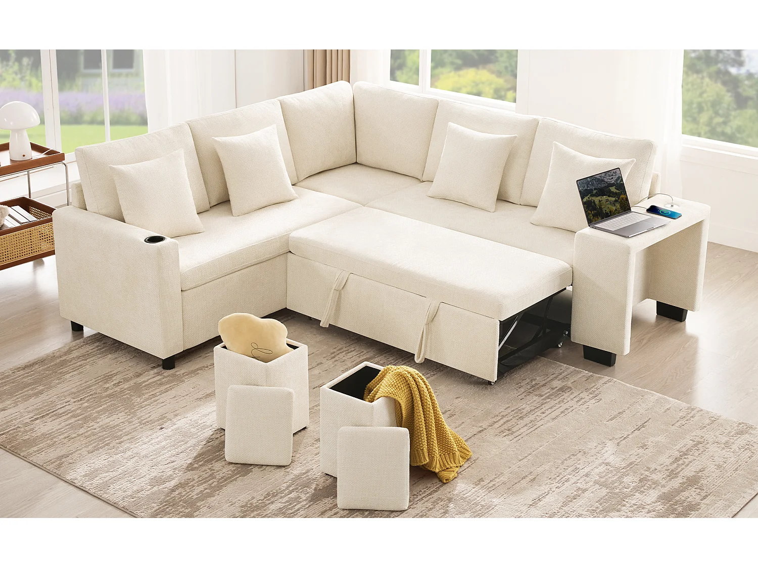 Canapé d’angle convertible beige avec rangement, méridienne réversible et prises USB