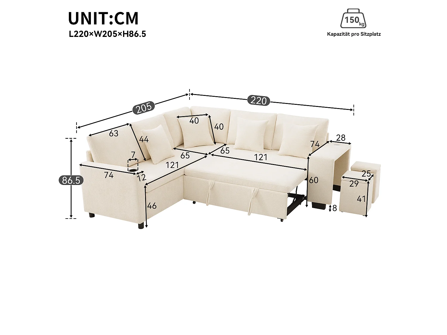 Canapé d’angle convertible beige avec rangement, méridienne réversible et prises USB