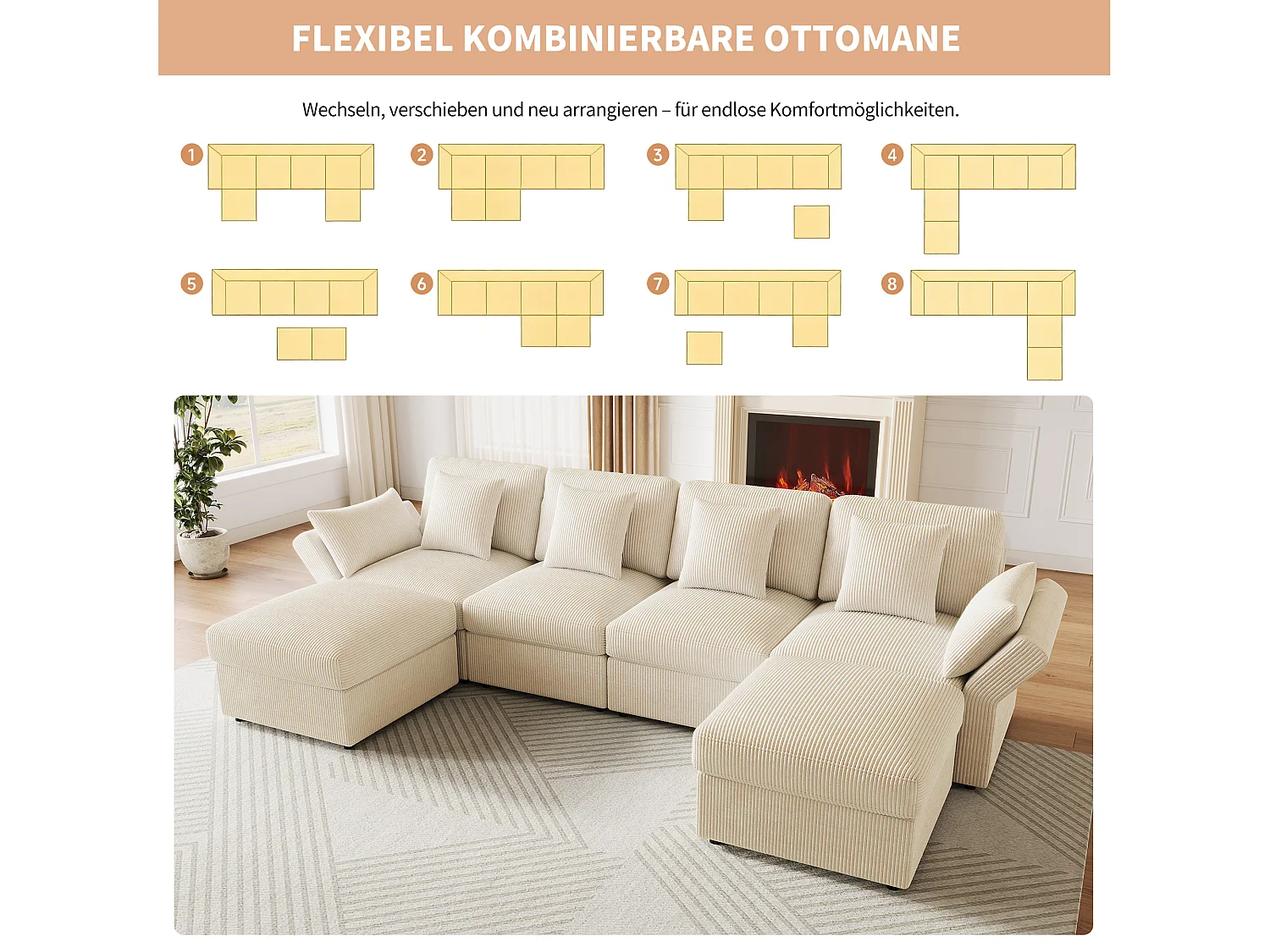 Canapé d'angle en U modulable, velours côtelé beige, 4 à 6 places avec poufs et accoudoirs réglables pour salon