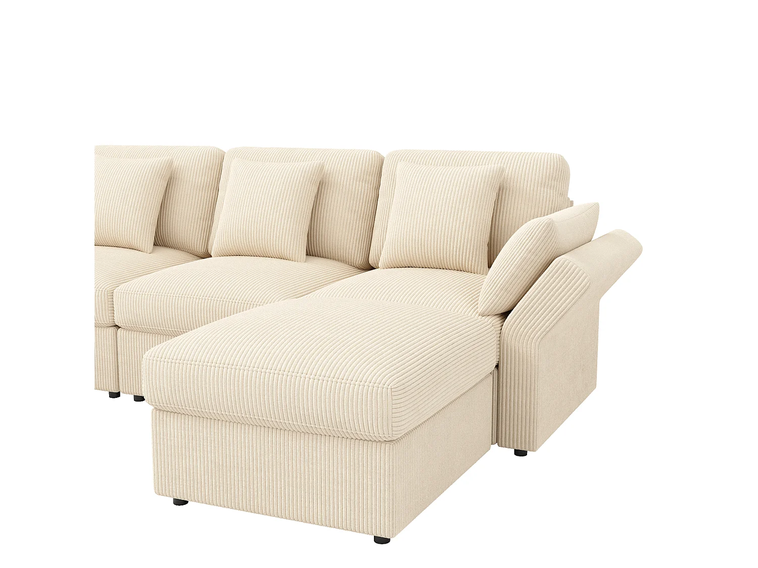Canapé d'angle en U modulable, velours côtelé beige, 4 à 6 places avec poufs et accoudoirs réglables pour salon
