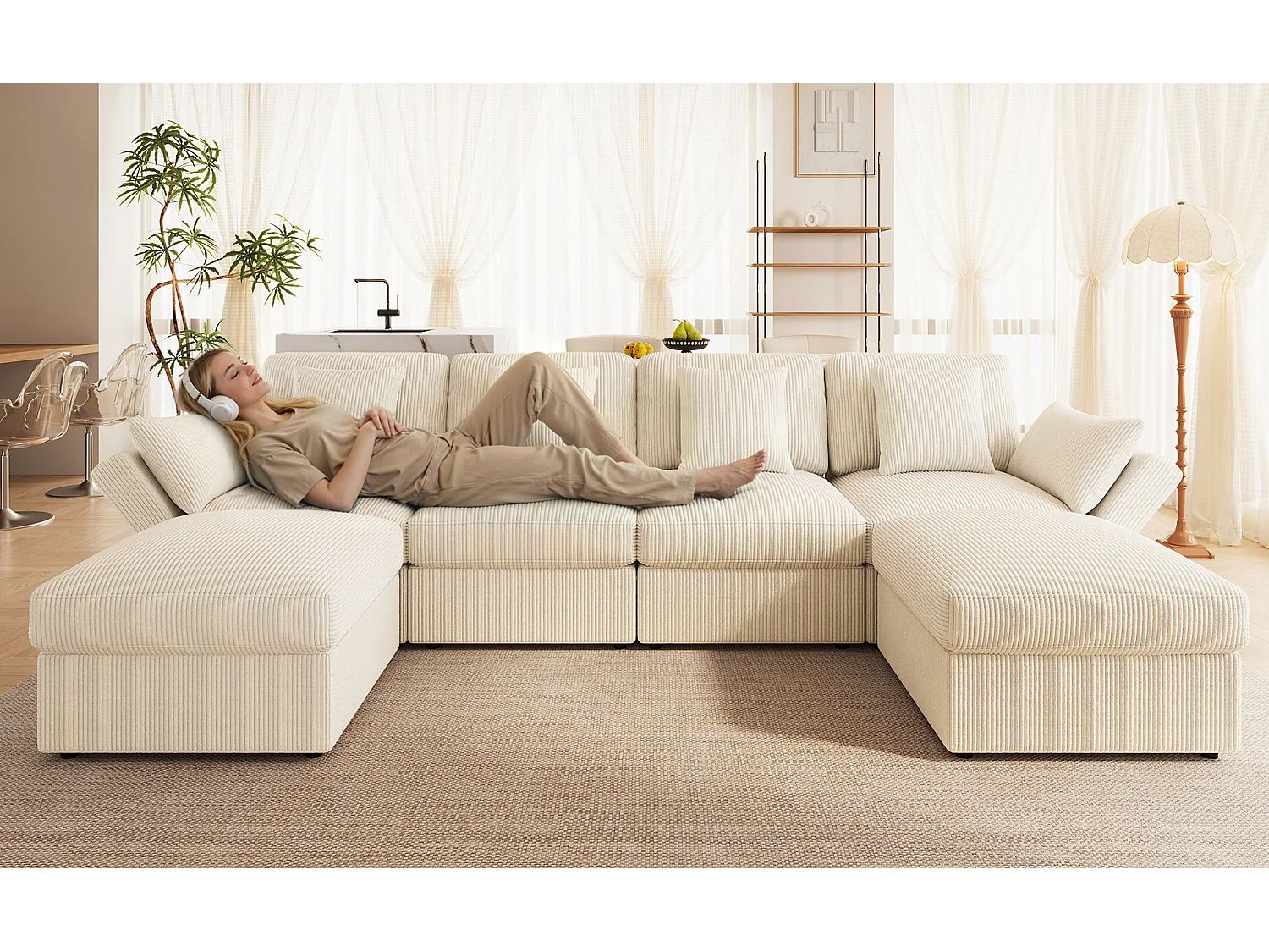 Canapé d'angle en U modulable, velours côtelé beige, 4 à 6 places avec poufs et accoudoirs réglables pour salon