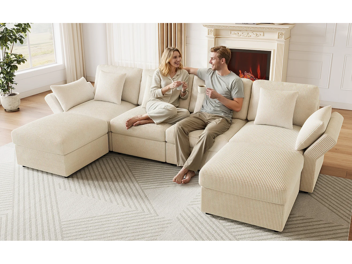 Canapé d'angle en U modulable, velours côtelé beige, 4 à 6 places avec poufs et accoudoirs réglables pour salon