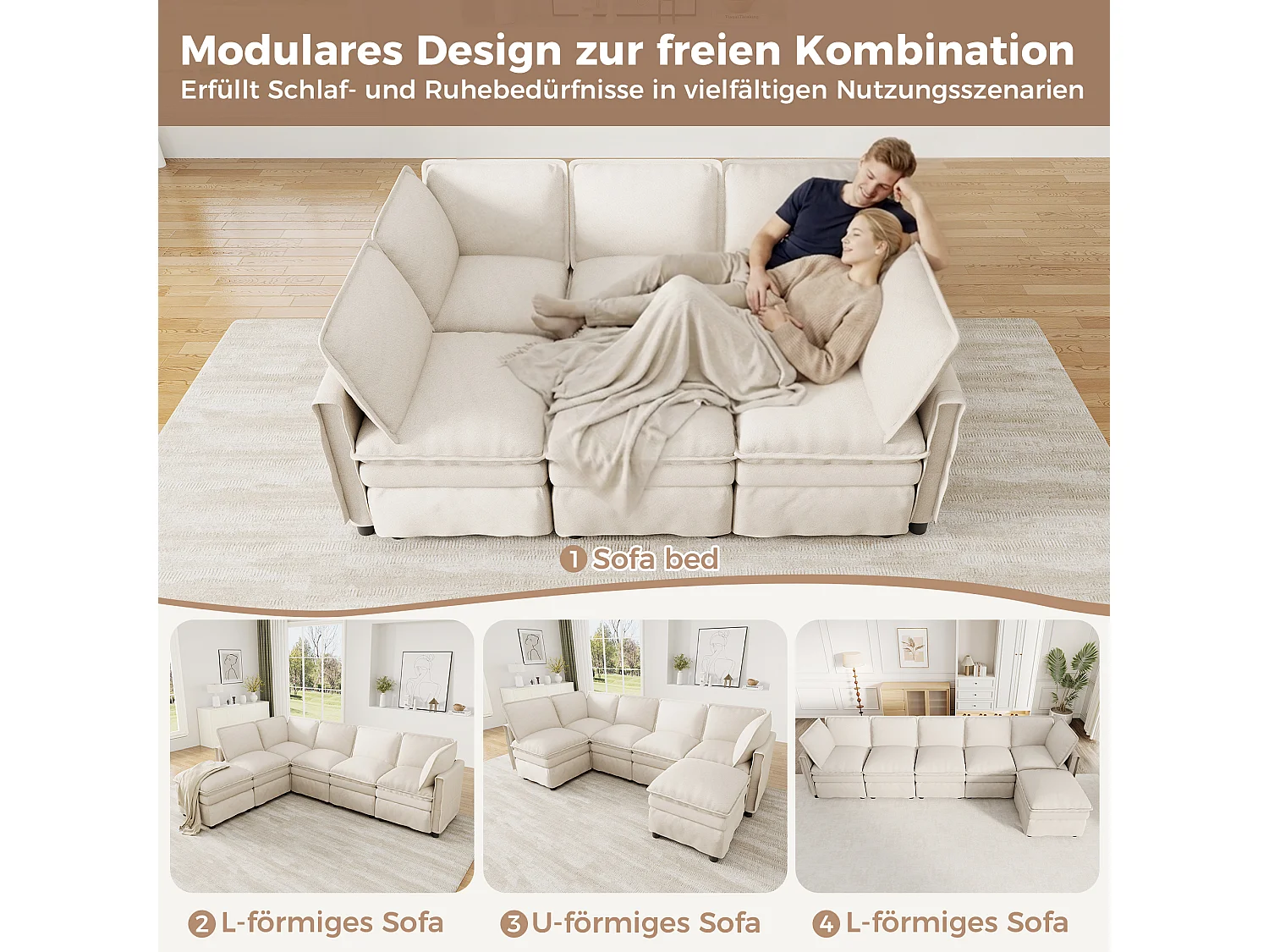 Canapé modulable XXL 6 places en chenille beige, avec pouf et configuration en U ou en L pour salon