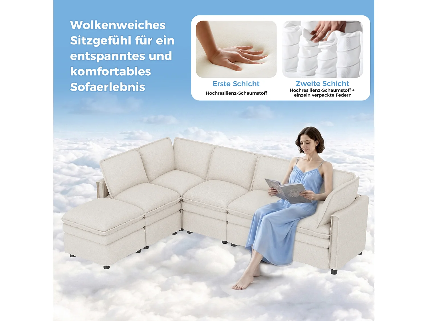 Canapé modulable XXL 6 places en chenille beige, avec pouf et configuration en U ou en L pour salon