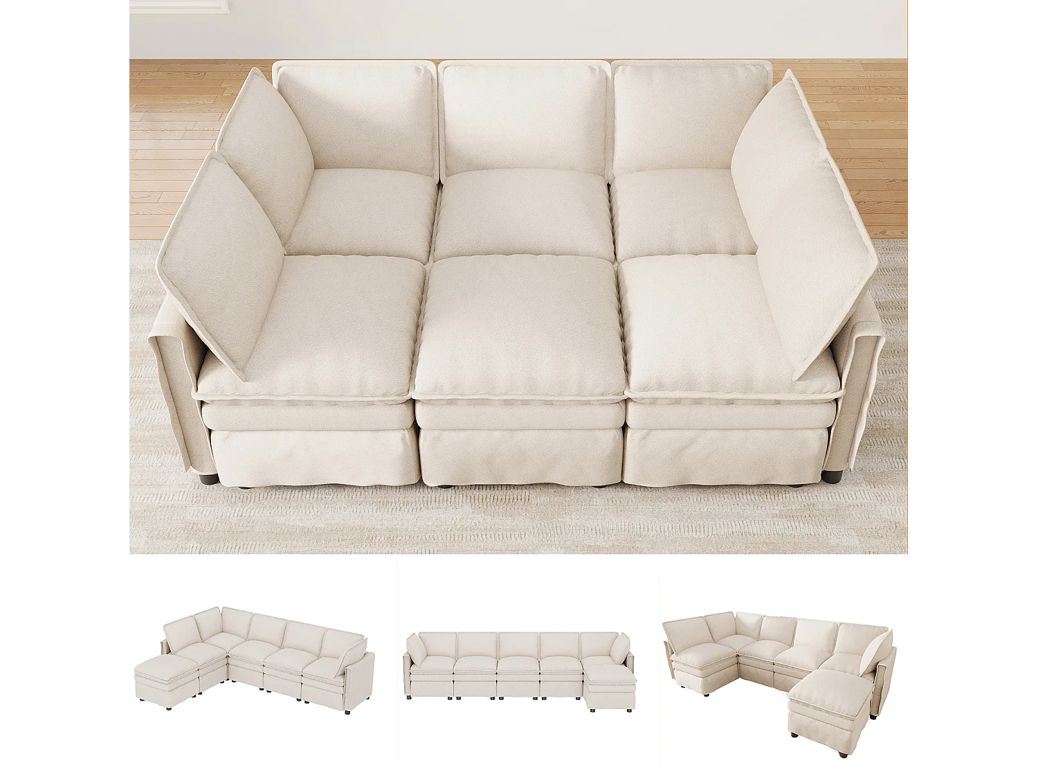 Canapé modulable XXL 6 places en chenille beige, avec pouf et configuration en U ou en L pour salon