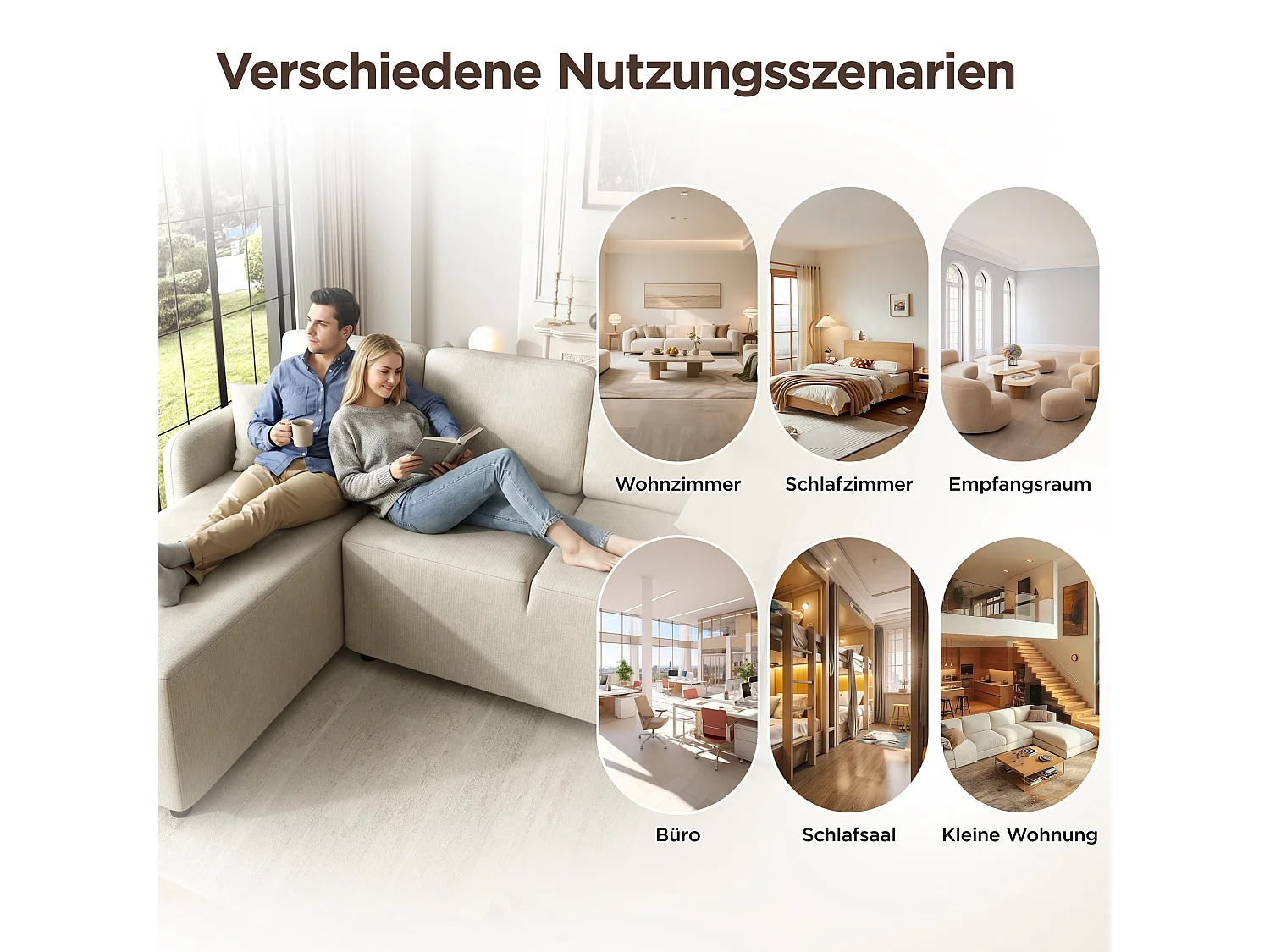 Canapé d’angle 3 places en chenille beige clair avec méridienne de 144 cm