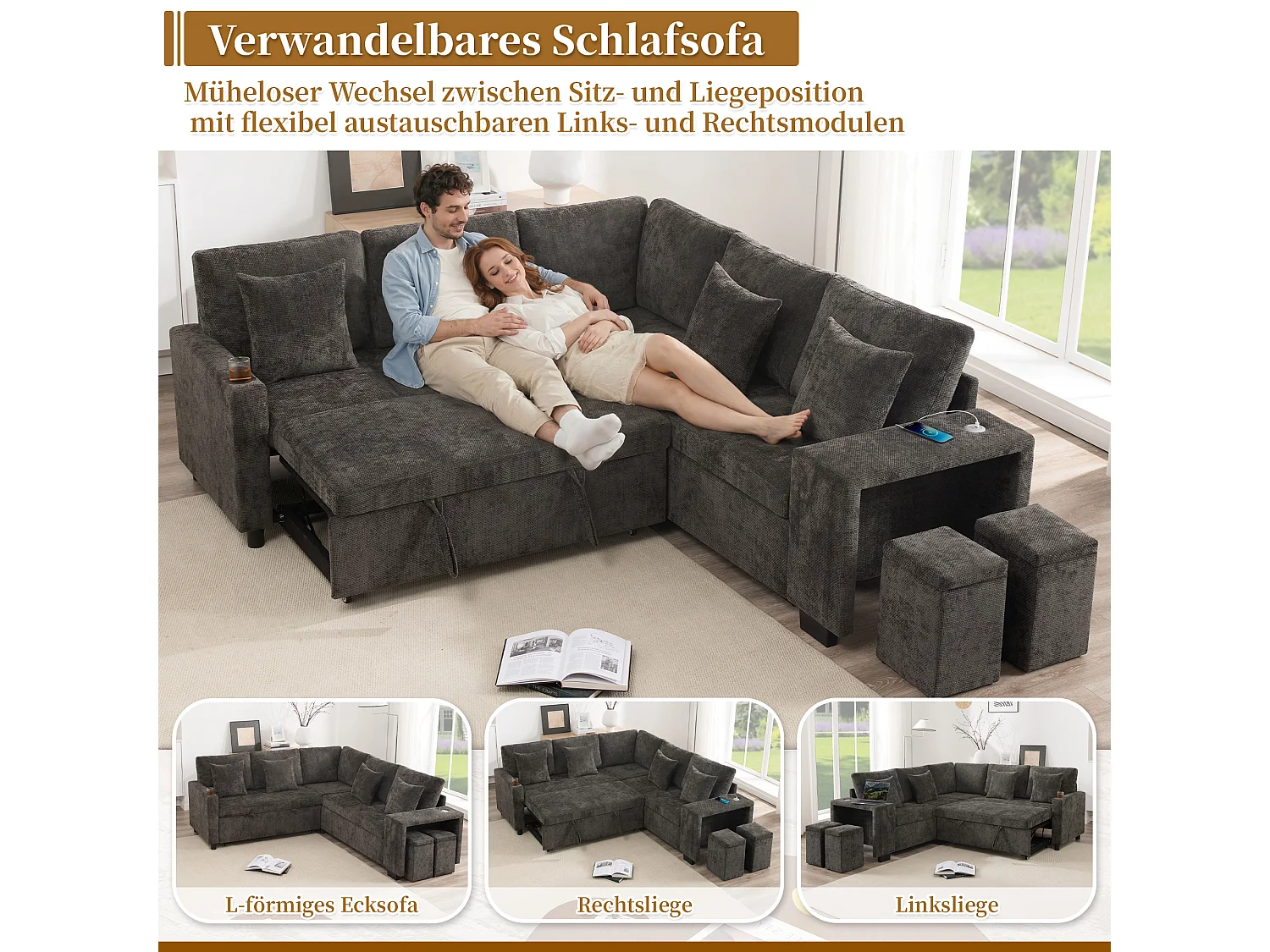 Canapé d'angle convertible 5 places en chenille grise, méridienne réversible et rangement pour le salon