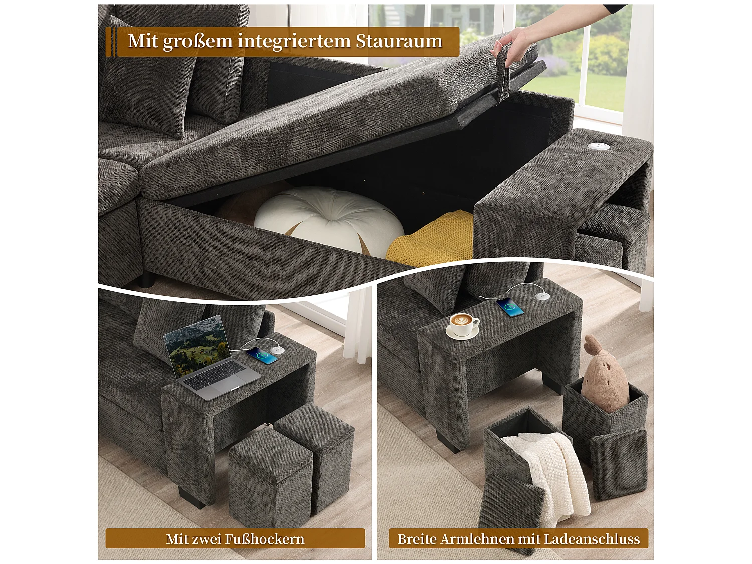Canapé d'angle convertible 5 places en chenille grise, méridienne réversible et rangement pour le salon