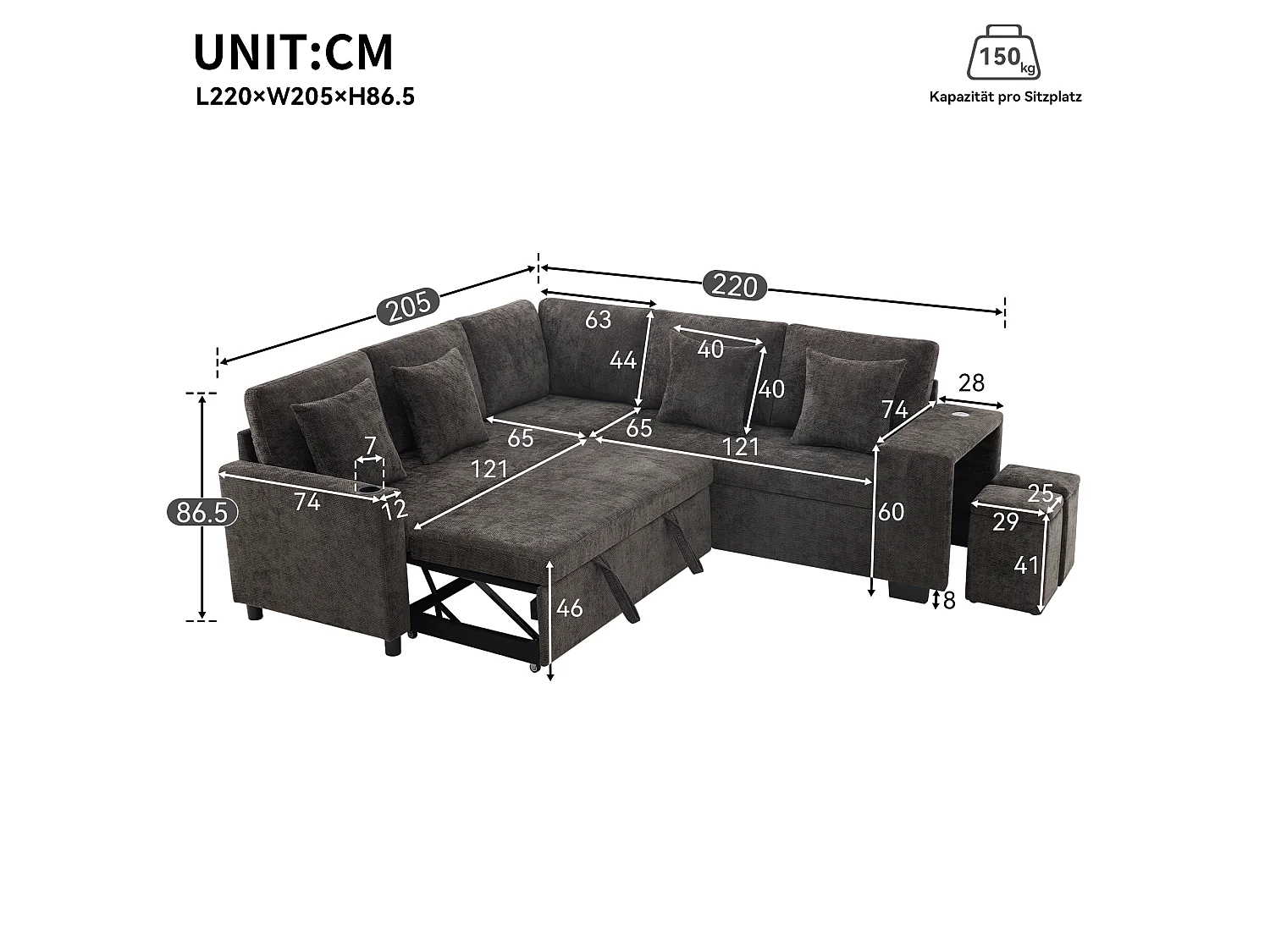 Canapé d'angle convertible 5 places en chenille grise, méridienne réversible et rangement pour le salon
