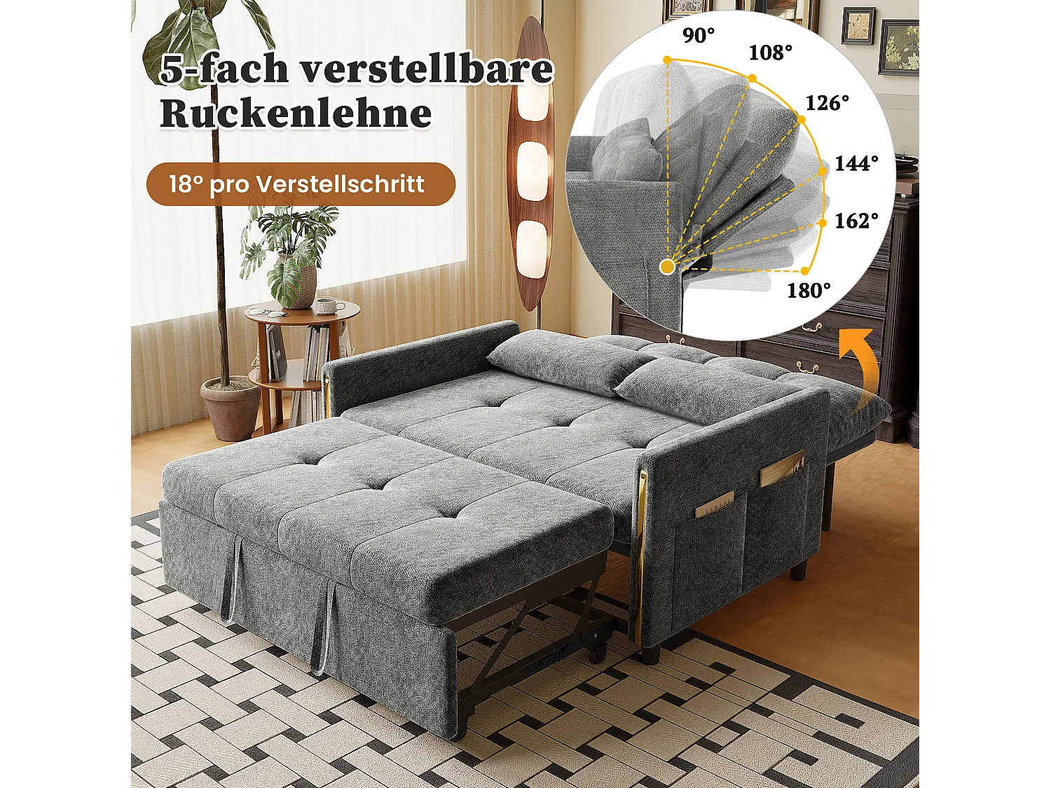 Canapé convertible 3 en 1, 2 places en chenille grise, dossier réglable et lit d'appoint pour salon