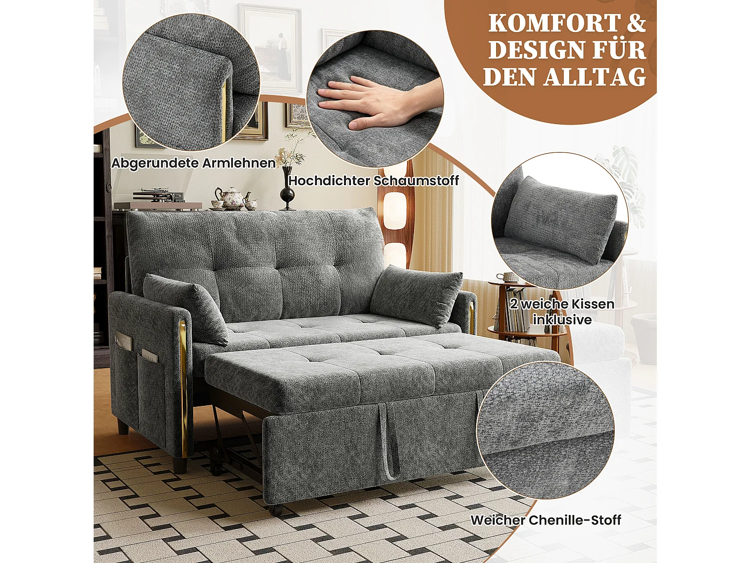 Canapé convertible 3 en 1, 2 places en chenille grise, dossier réglable et lit d'appoint pour salon