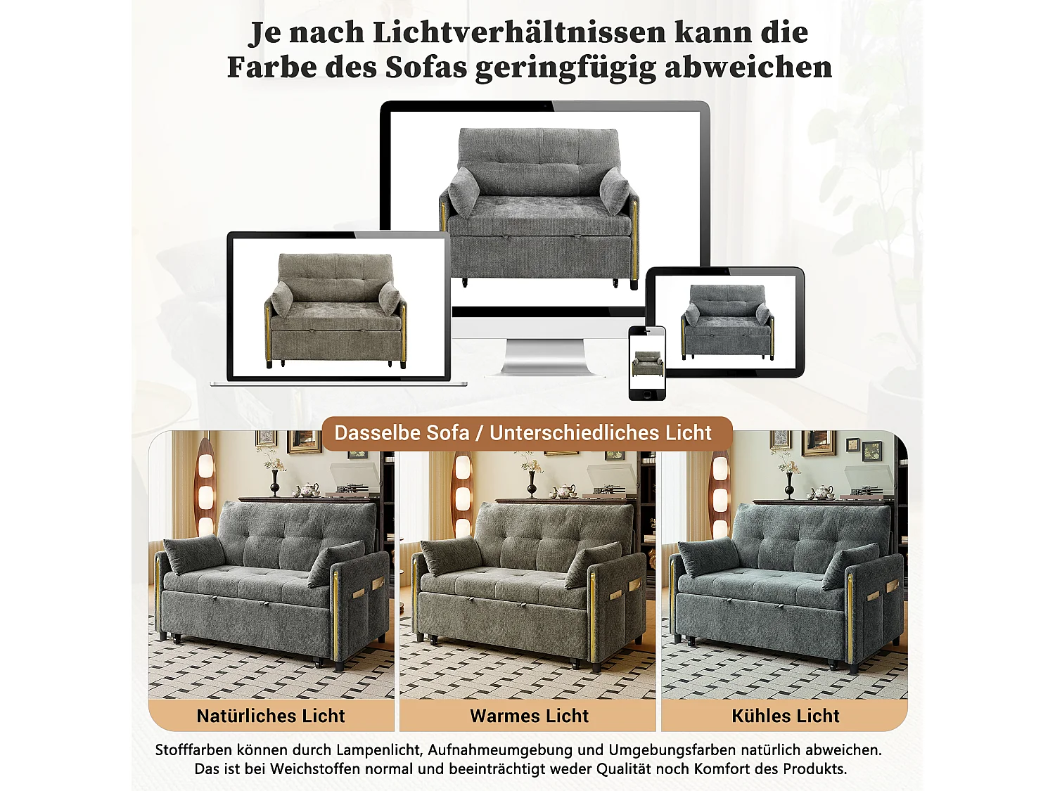 Canapé convertible 3 en 1, 2 places en chenille grise, dossier réglable et lit d'appoint pour salon