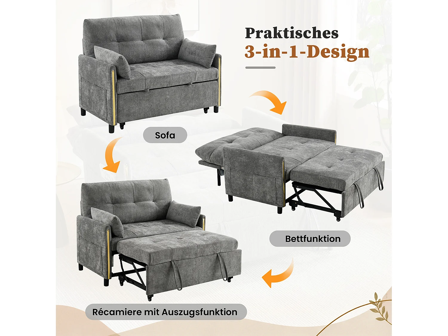 Canapé convertible 3 en 1, 2 places en chenille grise, dossier réglable et lit d'appoint pour salon