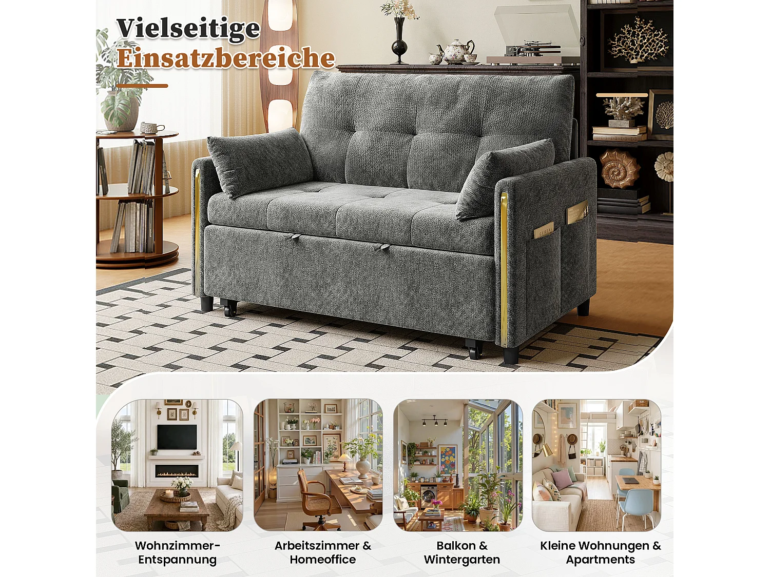 Canapé convertible 3 en 1, 2 places en chenille grise, dossier réglable et lit d'appoint pour salon