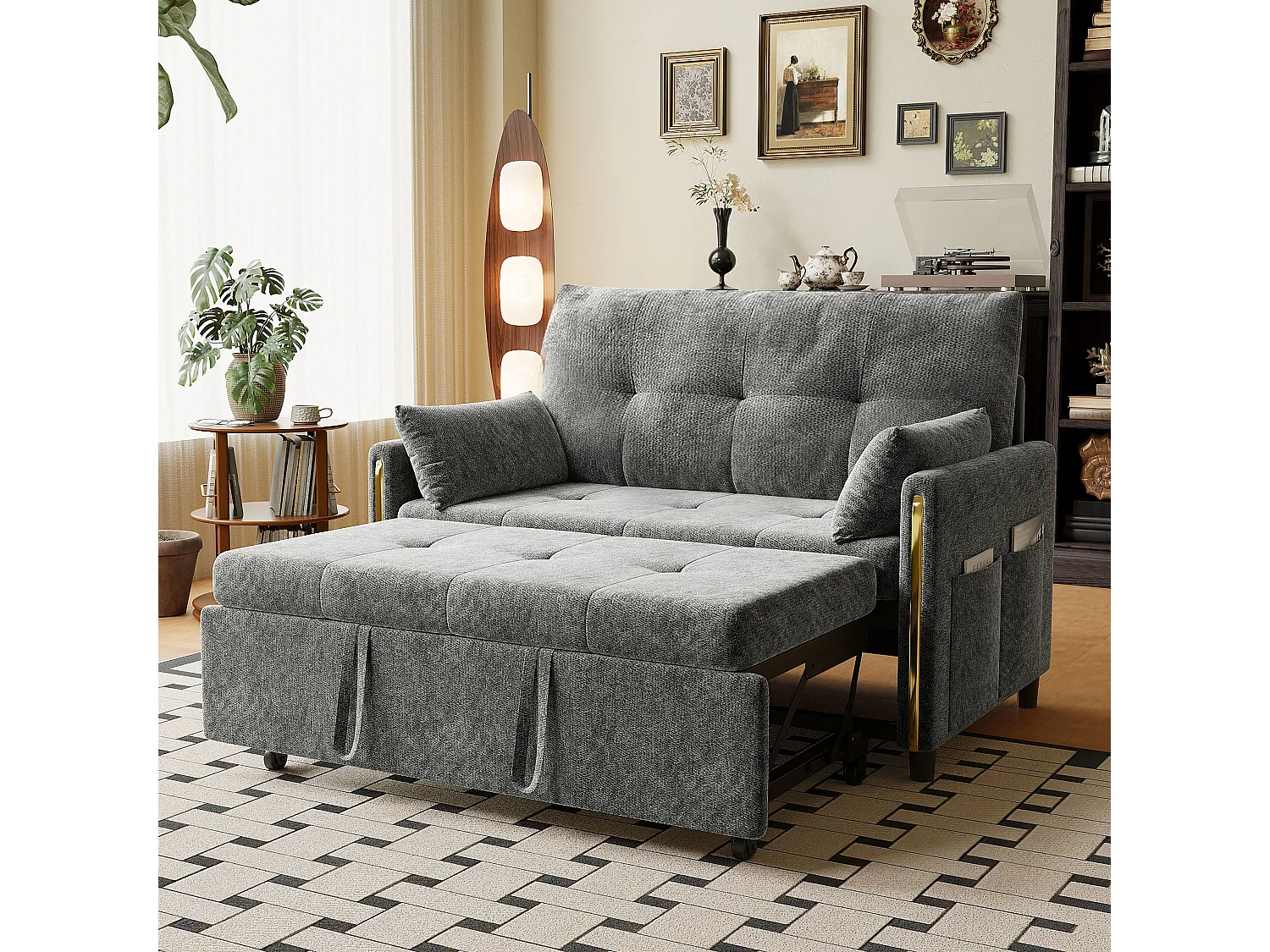 Canapé convertible 3 en 1, 2 places en chenille grise, dossier réglable et lit d'appoint pour salon