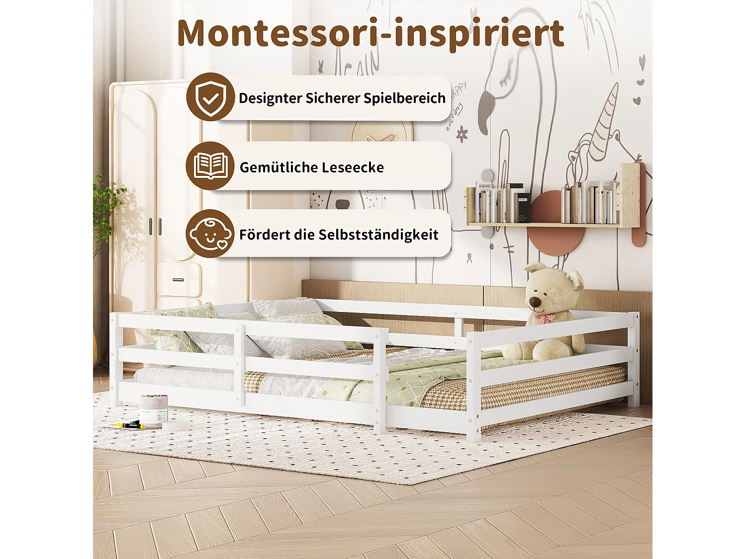 Lit Montessori enfant 140x200 cm en pin massif blanc avec barrières et sommier