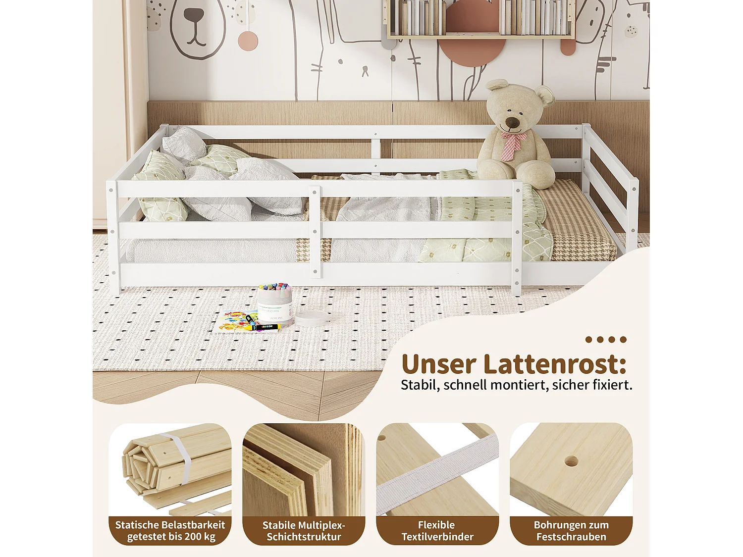 Lit Montessori enfant 140x200 cm en pin massif blanc avec barrières et sommier