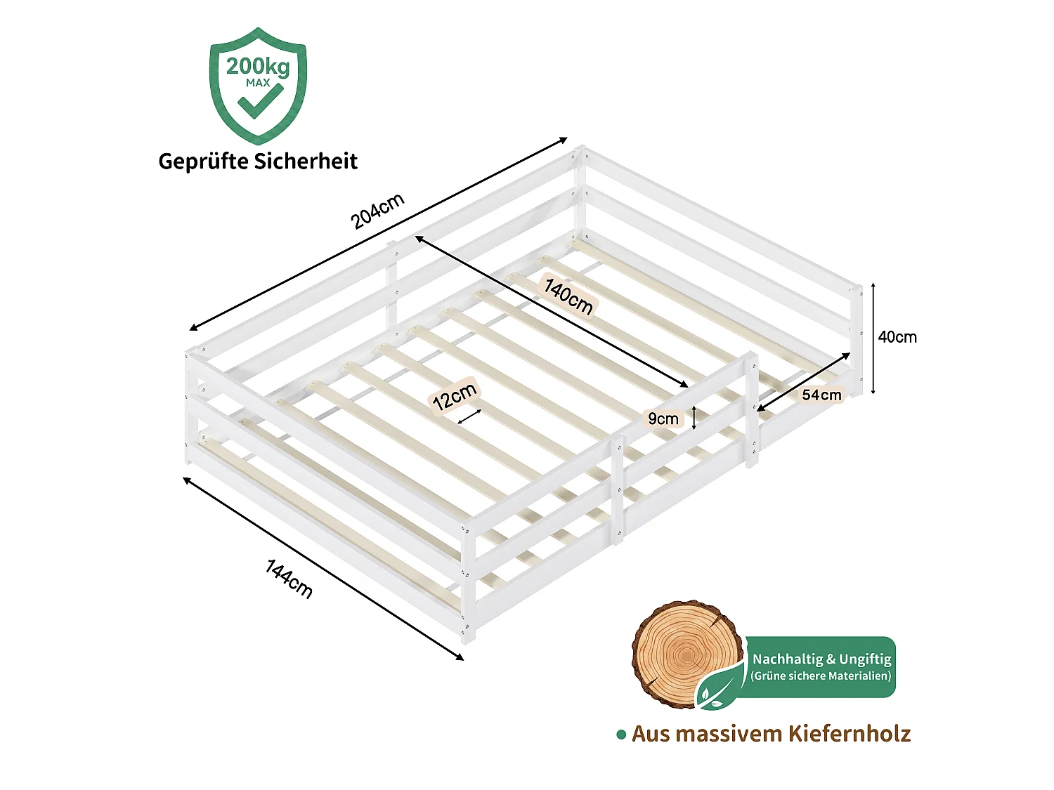 Lit Montessori enfant 140x200 cm en pin massif blanc avec barrières et sommier