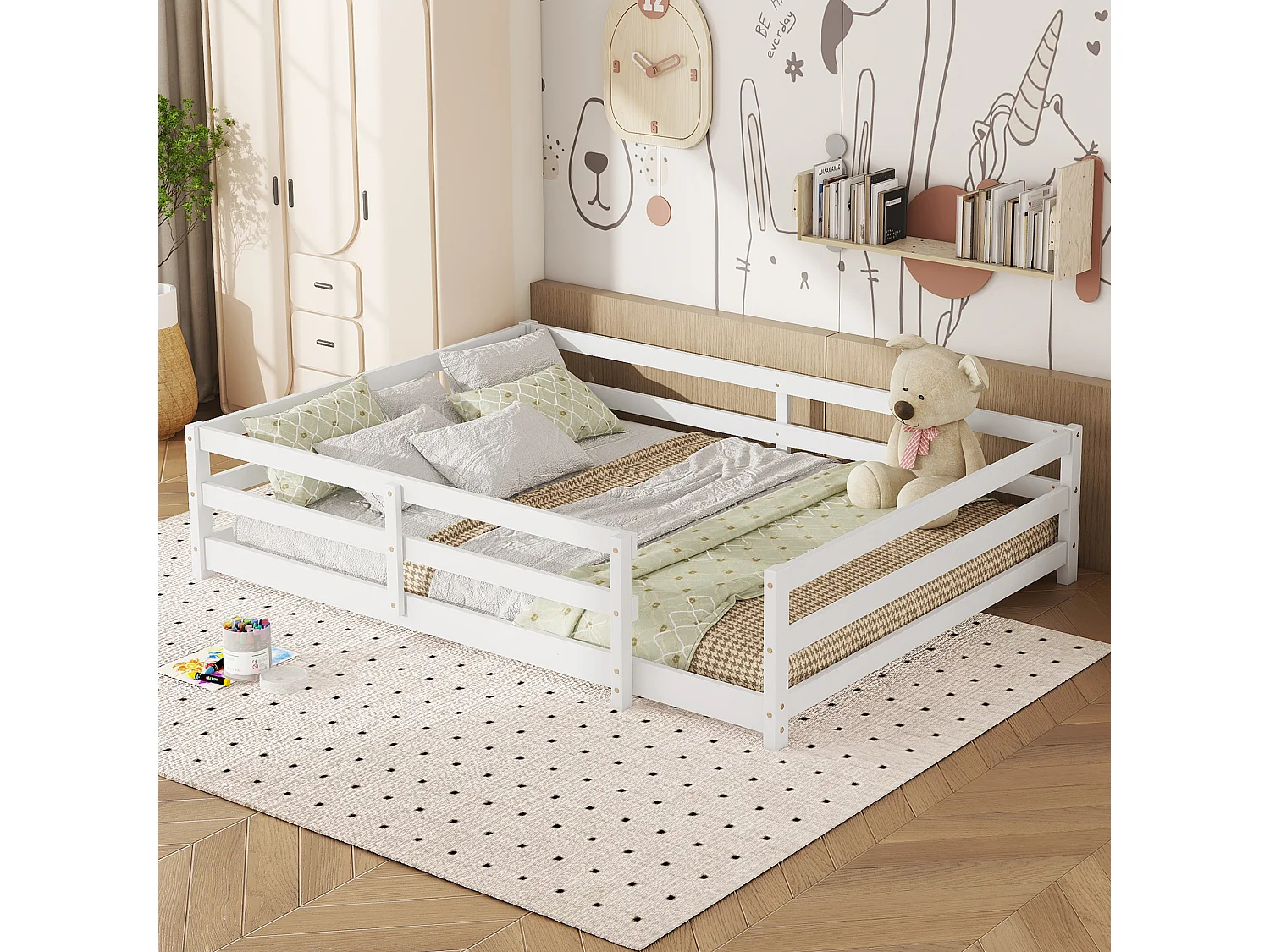 Lit Montessori enfant 140x200 cm en pin massif blanc avec barrières et sommier
