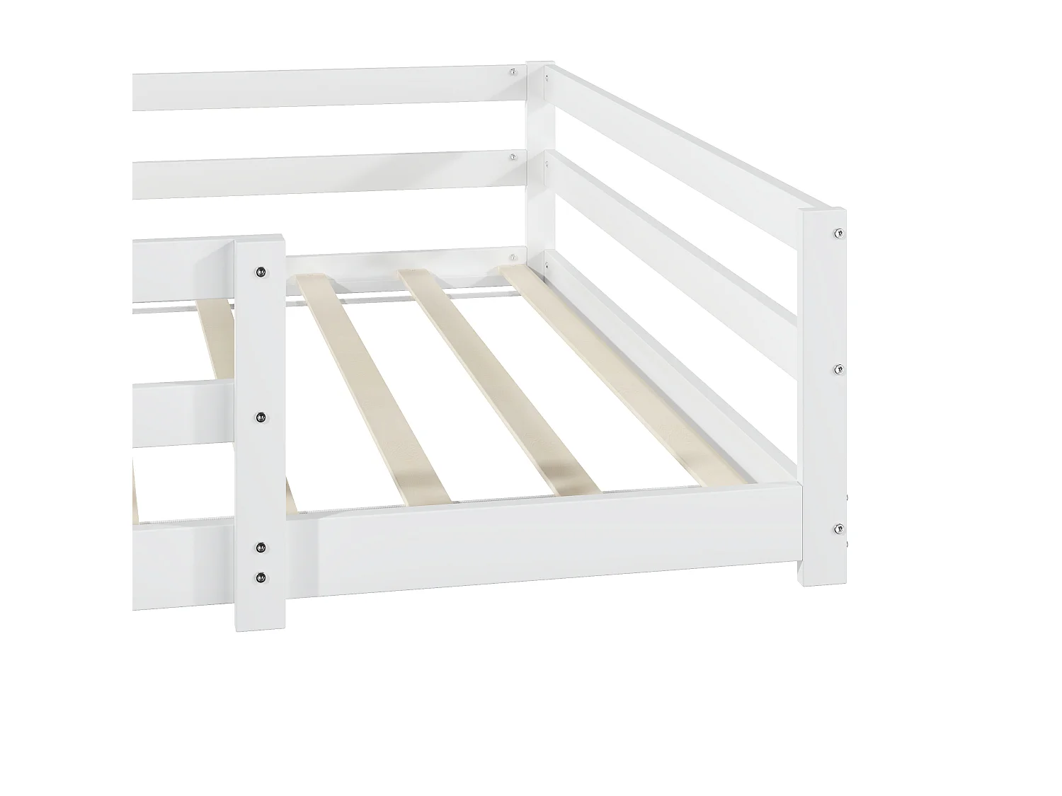 Lit Montessori enfant 140x200 cm en pin massif blanc avec barrières et sommier