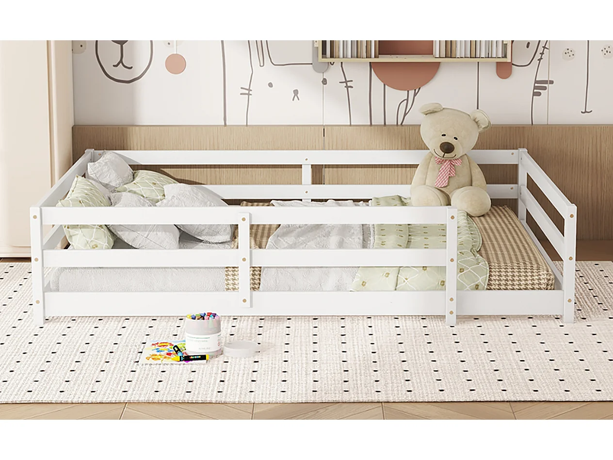 Lit Montessori enfant 140x200 cm en pin massif blanc avec barrières et sommier