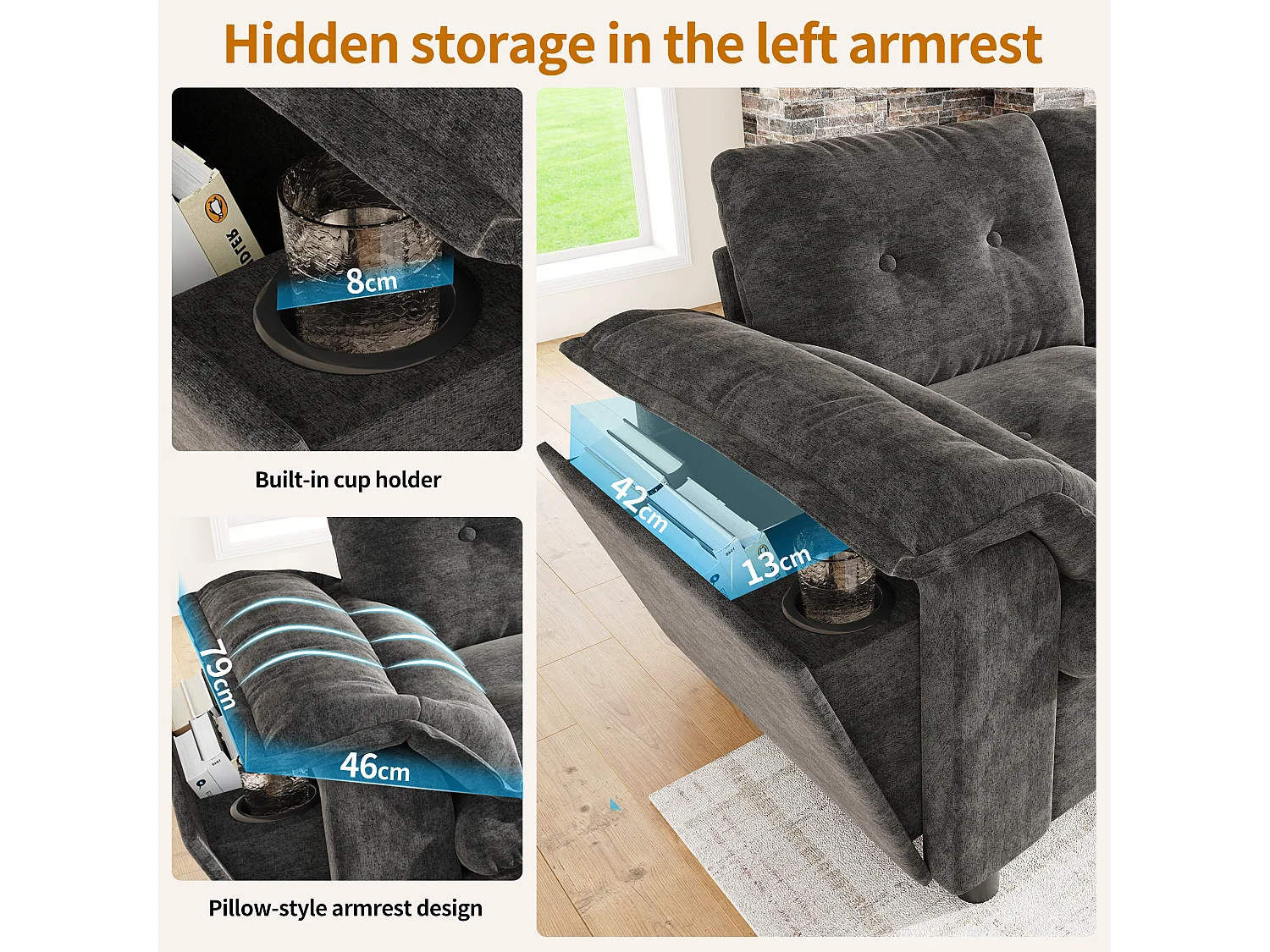Canapé d’angle modulable 6 places en chenille grise, poufs coffre et console USB avec LED pour salon