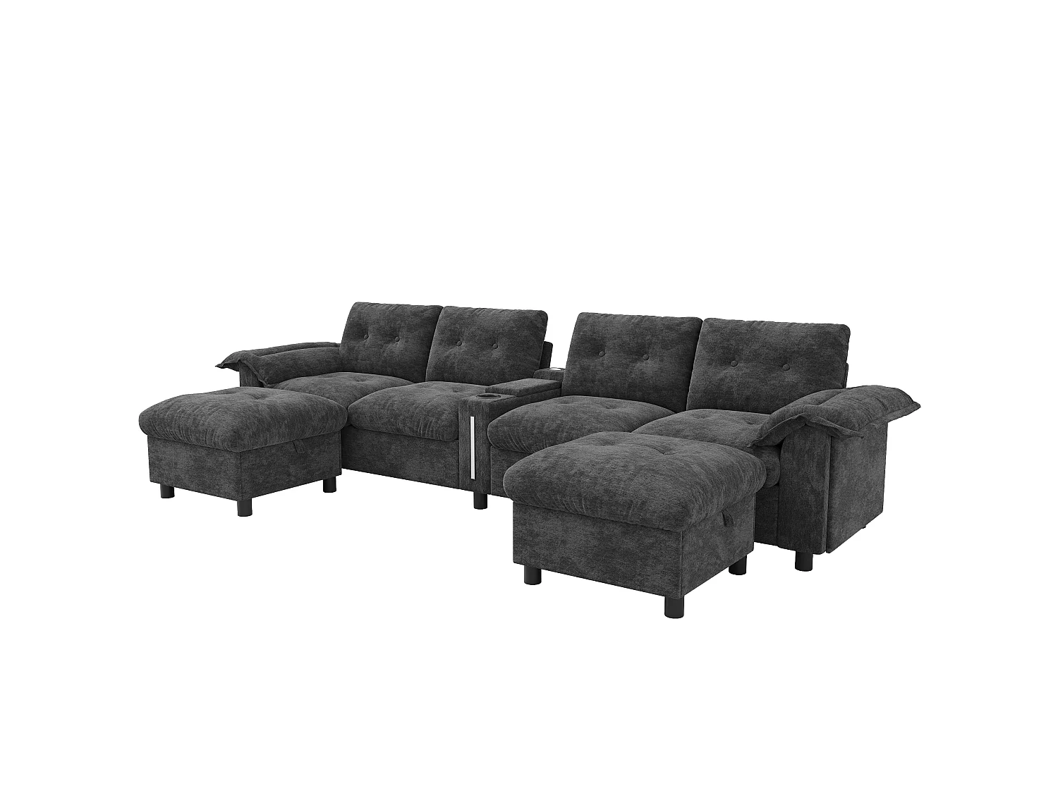 Canapé d’angle modulable 6 places en chenille grise, poufs coffre et console USB avec LED pour salon