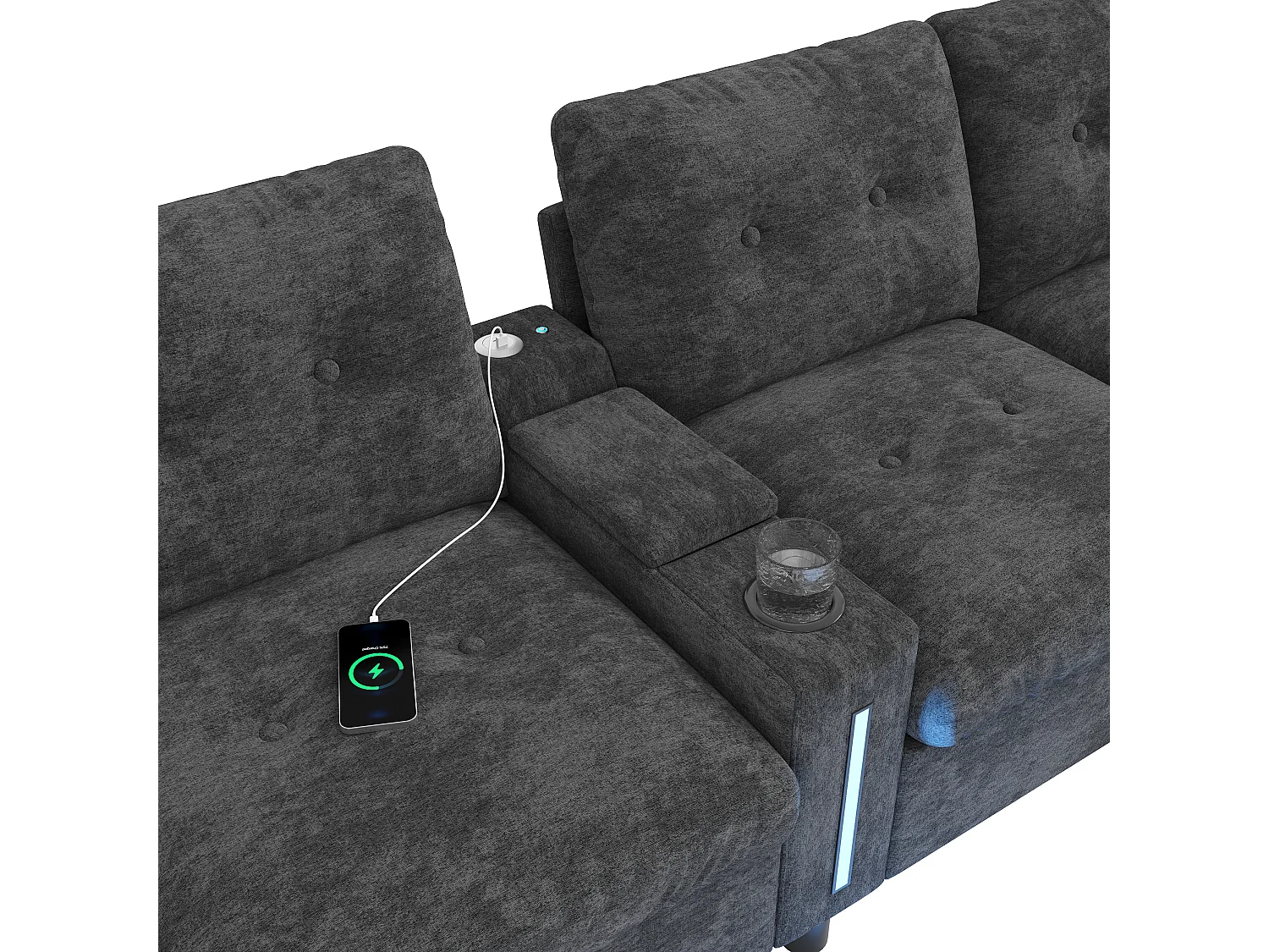 Canapé d’angle modulable 6 places en chenille grise, poufs coffre et console USB avec LED pour salon