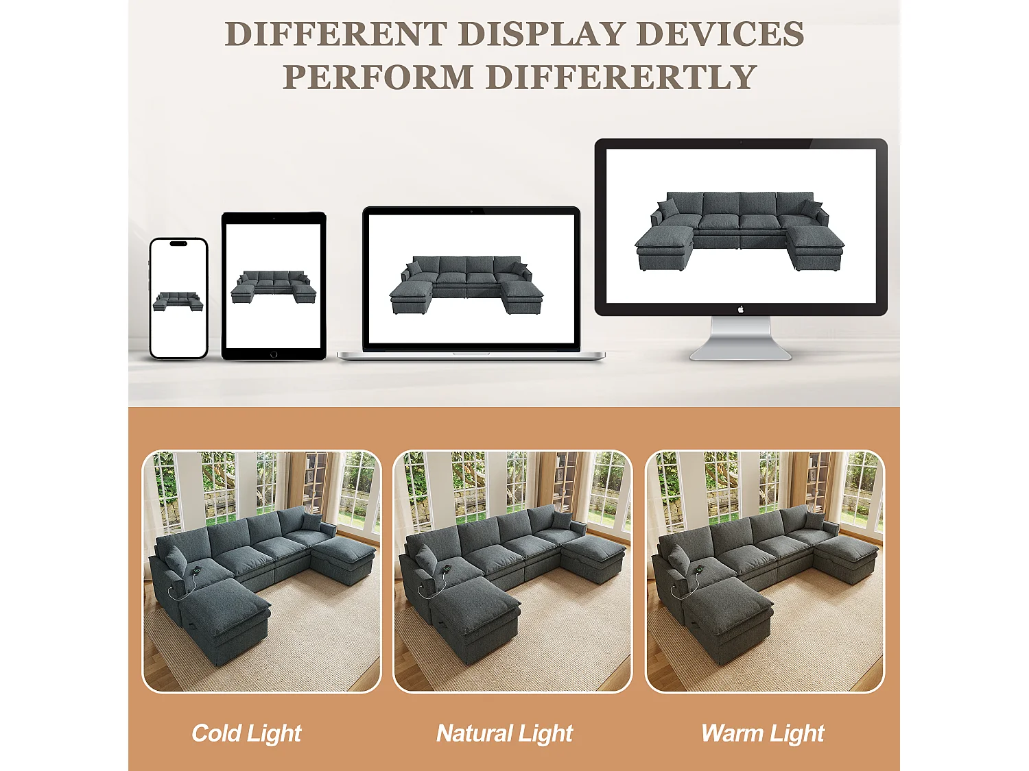 Canapé d'angle modulable gris en coton et lin, poufs avec rangement et USB pour salon