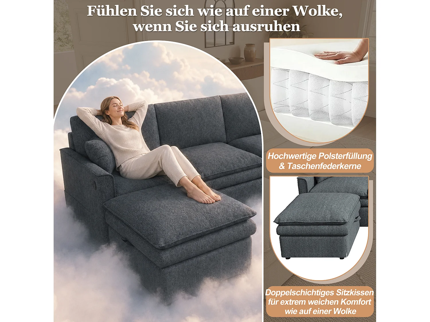 Canapé d'angle modulable gris en coton et lin, poufs avec rangement et USB pour salon
