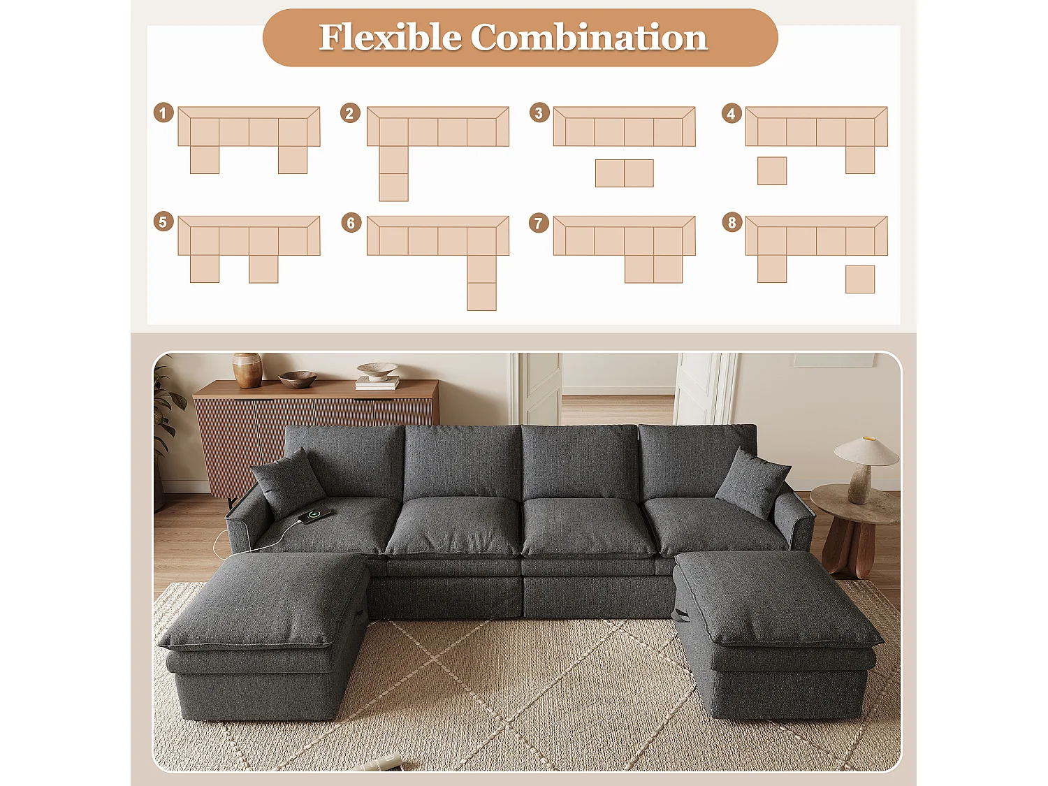 Canapé d'angle modulable gris en coton et lin, poufs avec rangement et USB pour salon