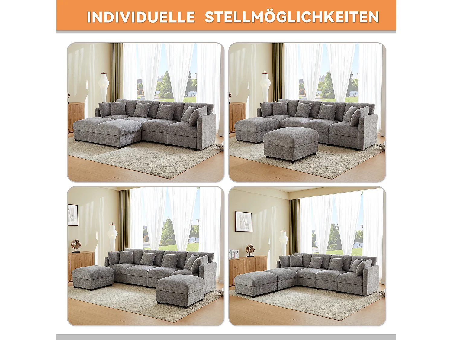 Canapé modulable en chenille gris avec 2 poufs et accoudoirs réglables