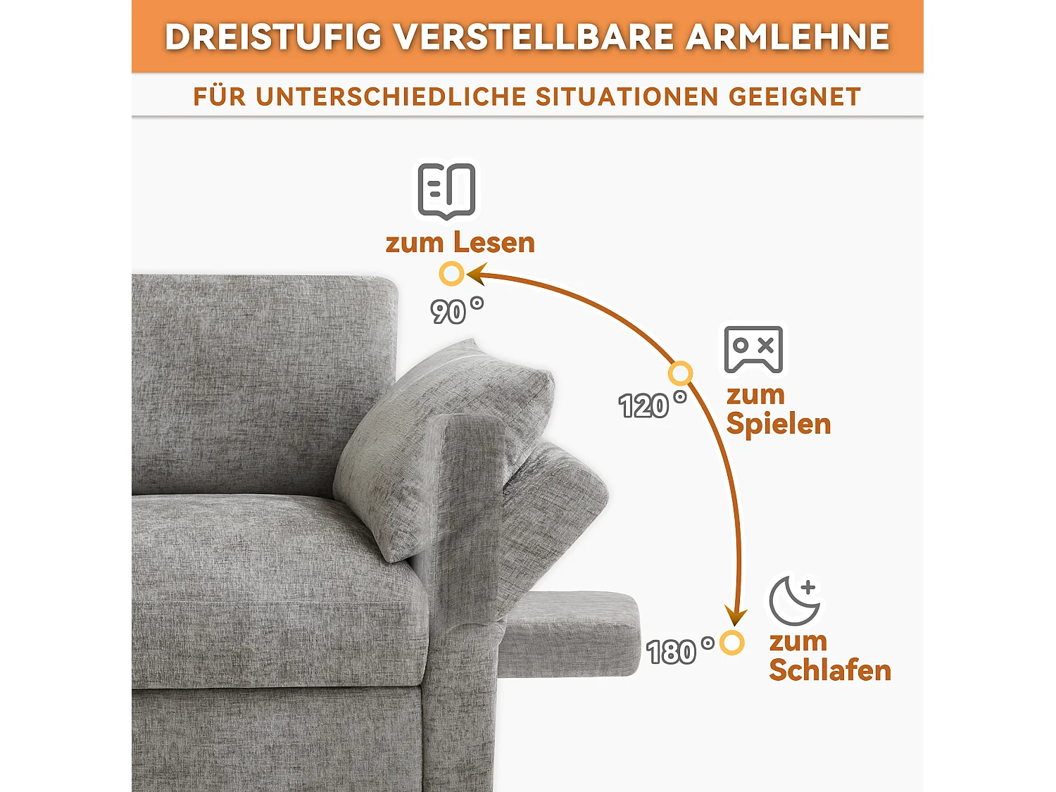 Canapé modulable en chenille gris avec 2 poufs et accoudoirs réglables