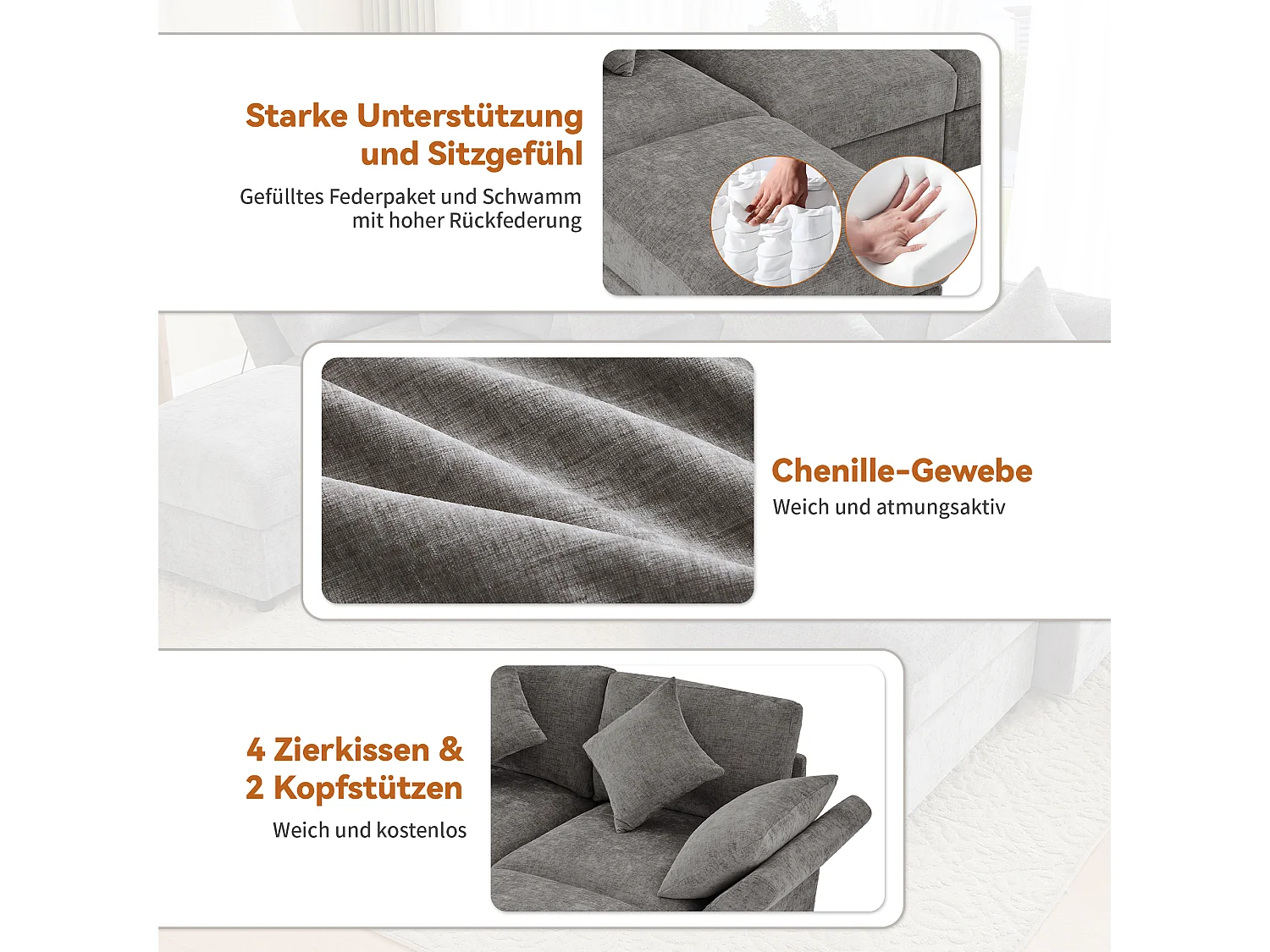 Canapé modulable en chenille gris avec 2 poufs et accoudoirs réglables