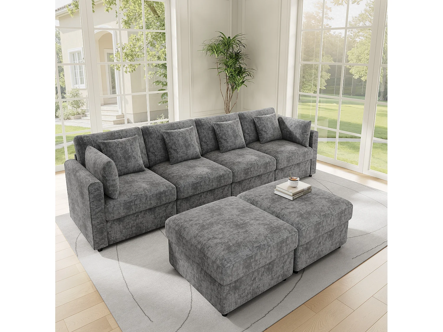Canapé modulable en chenille gris avec 2 poufs et accoudoirs réglables