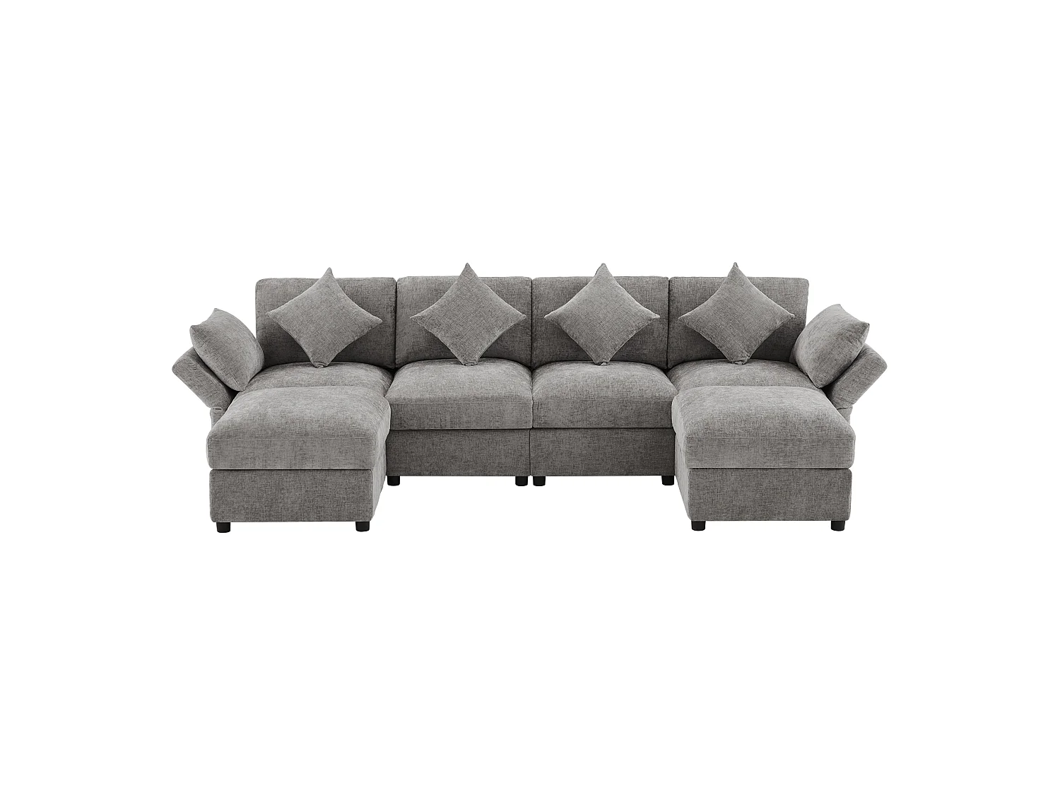 Canapé modulable en chenille gris avec 2 poufs et accoudoirs réglables