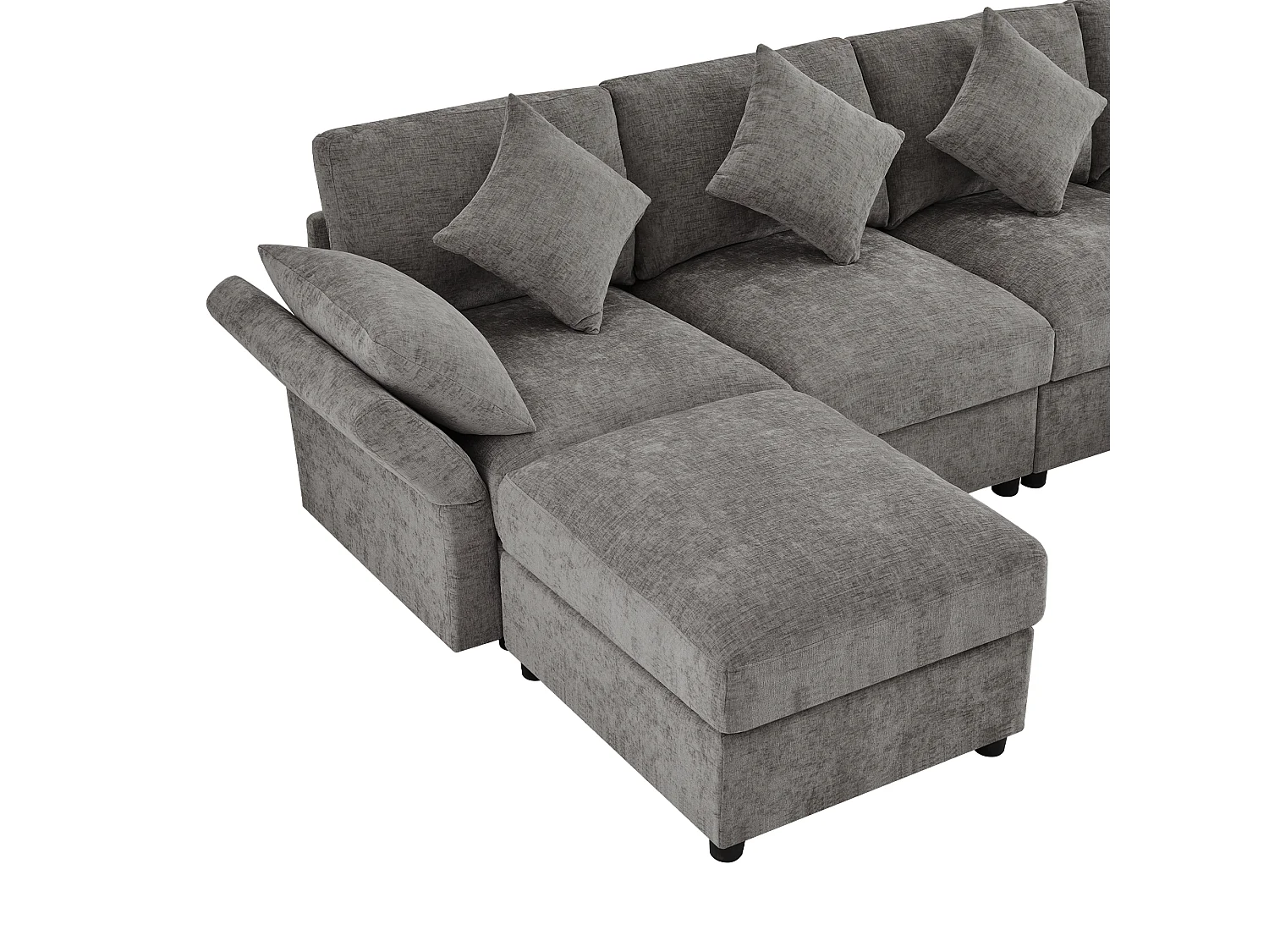 Canapé modulable en chenille gris avec 2 poufs et accoudoirs réglables