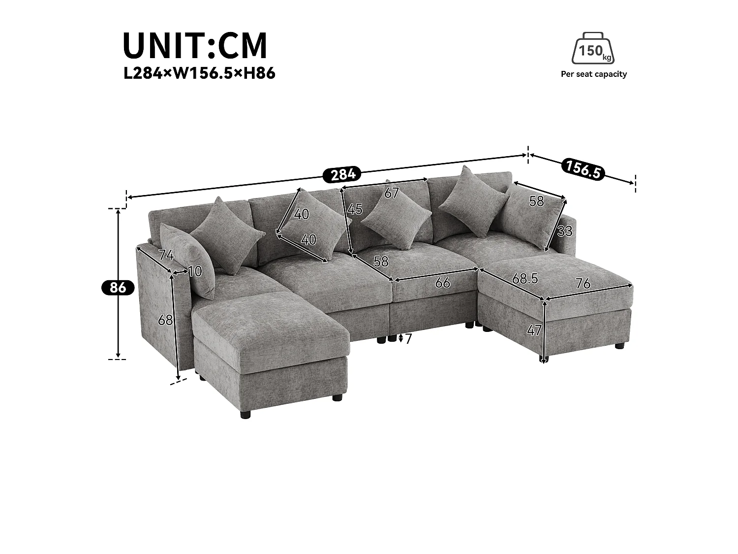 Canapé modulable en chenille gris avec 2 poufs et accoudoirs réglables